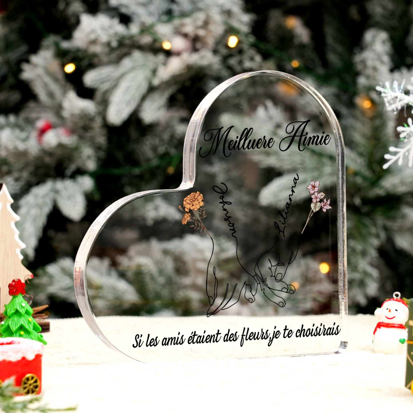 Plaque Acrylique en Forme de Coeur La Main Dans La Main 2 prénoms Personnalisé avec 2 textes et fleur de naissance Cadeau pour amie | Jessemade