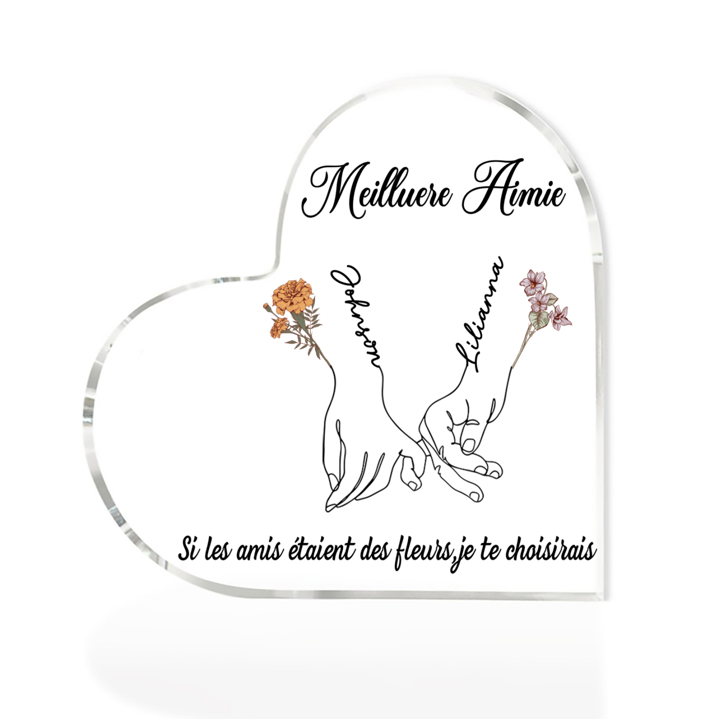 Plaque Acrylique en Forme de Coeur La Main Dans La Main 2 prénoms Personnalisé avec 2 textes et fleur de naissance Cadeau pour amie | Jessemade