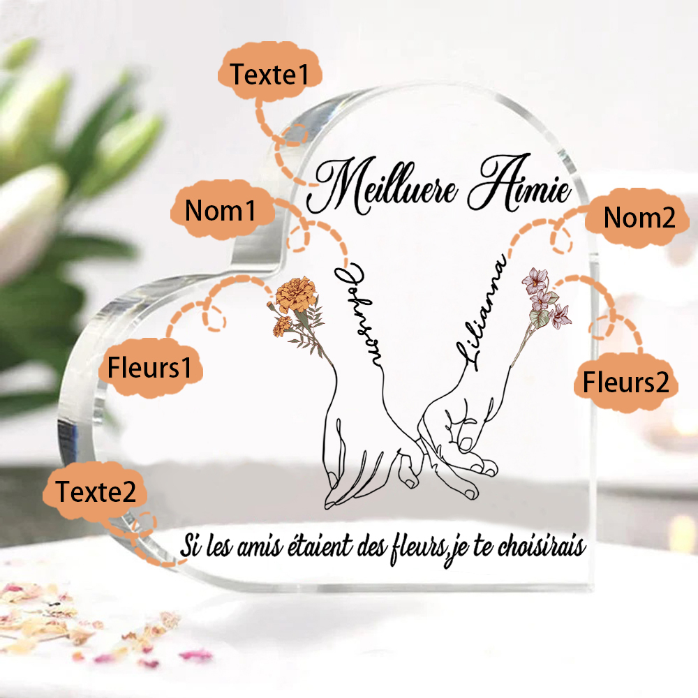 Plaque Acrylique en Forme de Coeur La Main Dans La Main 2 prénoms Personnalisé avec 2 textes et fleur de naissance Cadeau pour amie | Jessemade