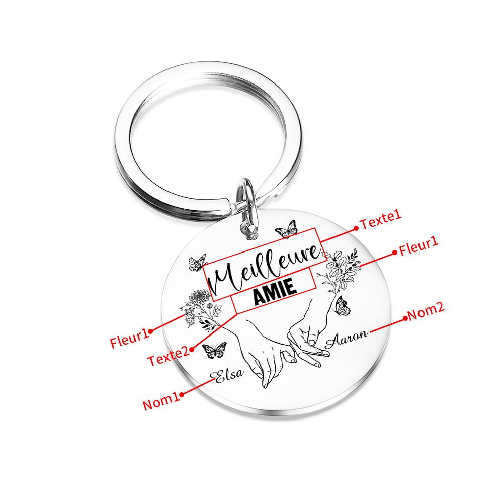 À Ma Meilleure Amie Porte-Clés Promesse du petit doigt 2 Prénoms Personnalisés avec 2 textes et fleur de naissance | Jessemade