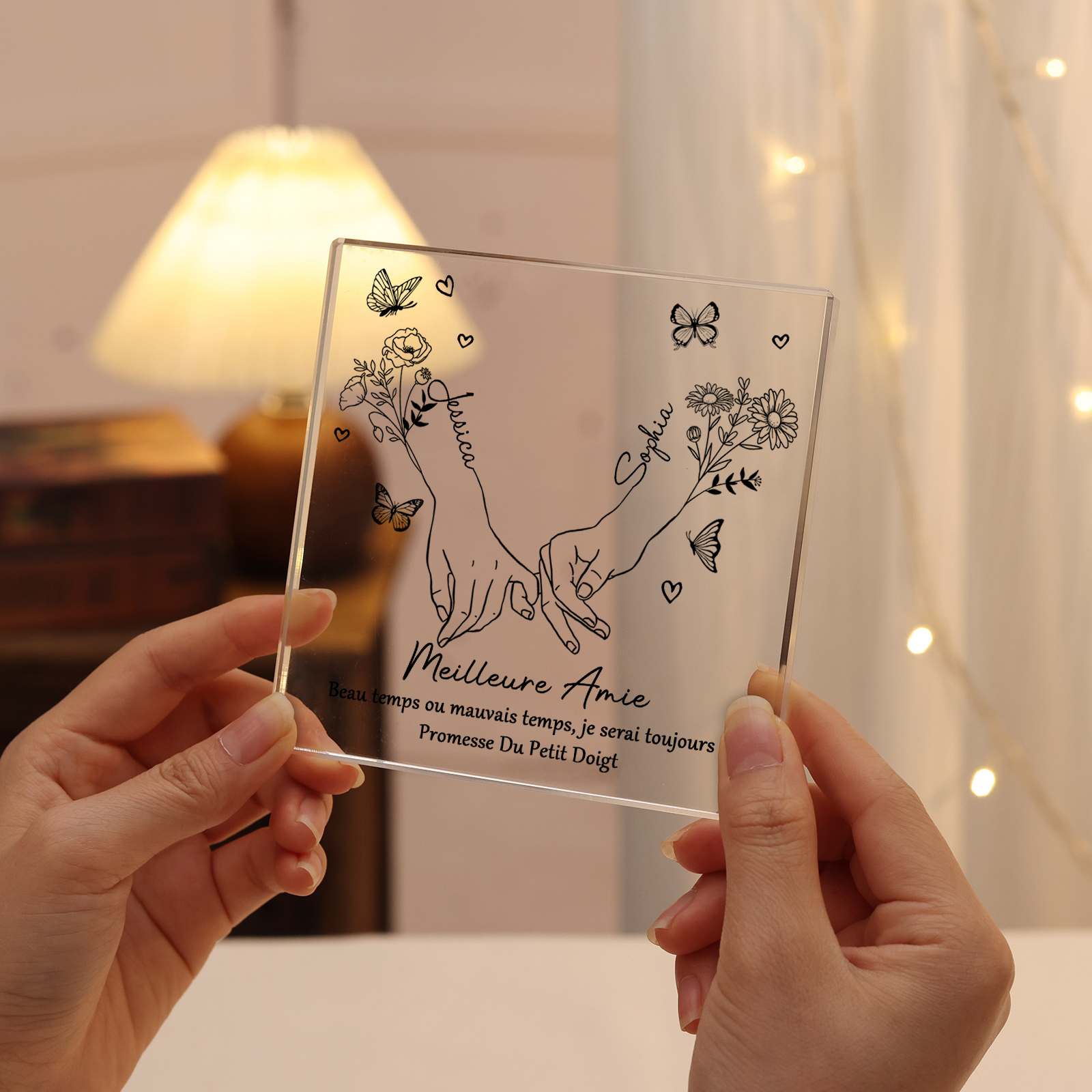 À ma Meilleure Amie Plaque Acrylique Main dans la Main 2 Prénoms Personnalisés avec fleur de naissance | Jessemade