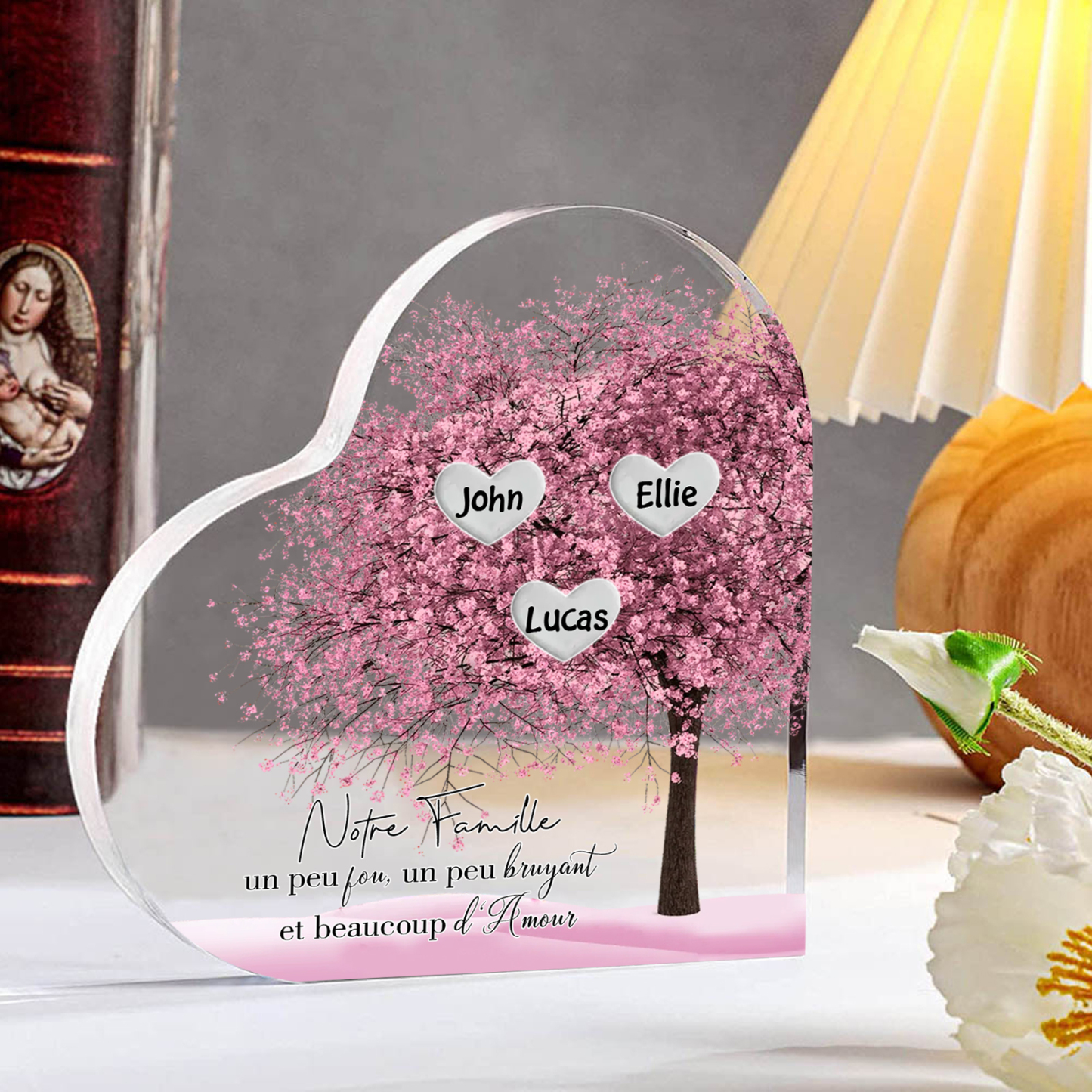 Plaque Acrylique en Forme de Cœur arbre 3 Prénoms Personnalisés Cadeau famille rose | Jessemade