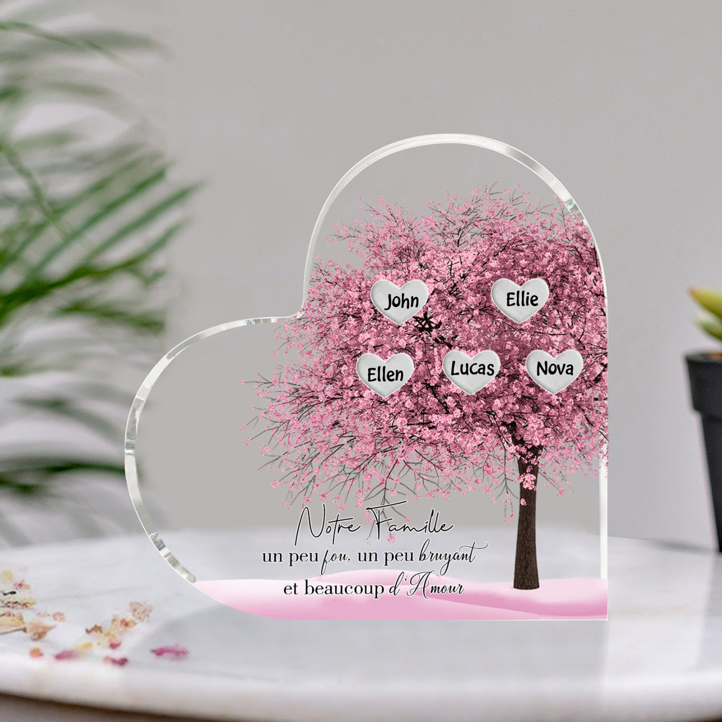 Plaque Acrylique en Forme de Cœur arbre 5 Prénoms Personnalisés Cadeau famille rose | Jessemade