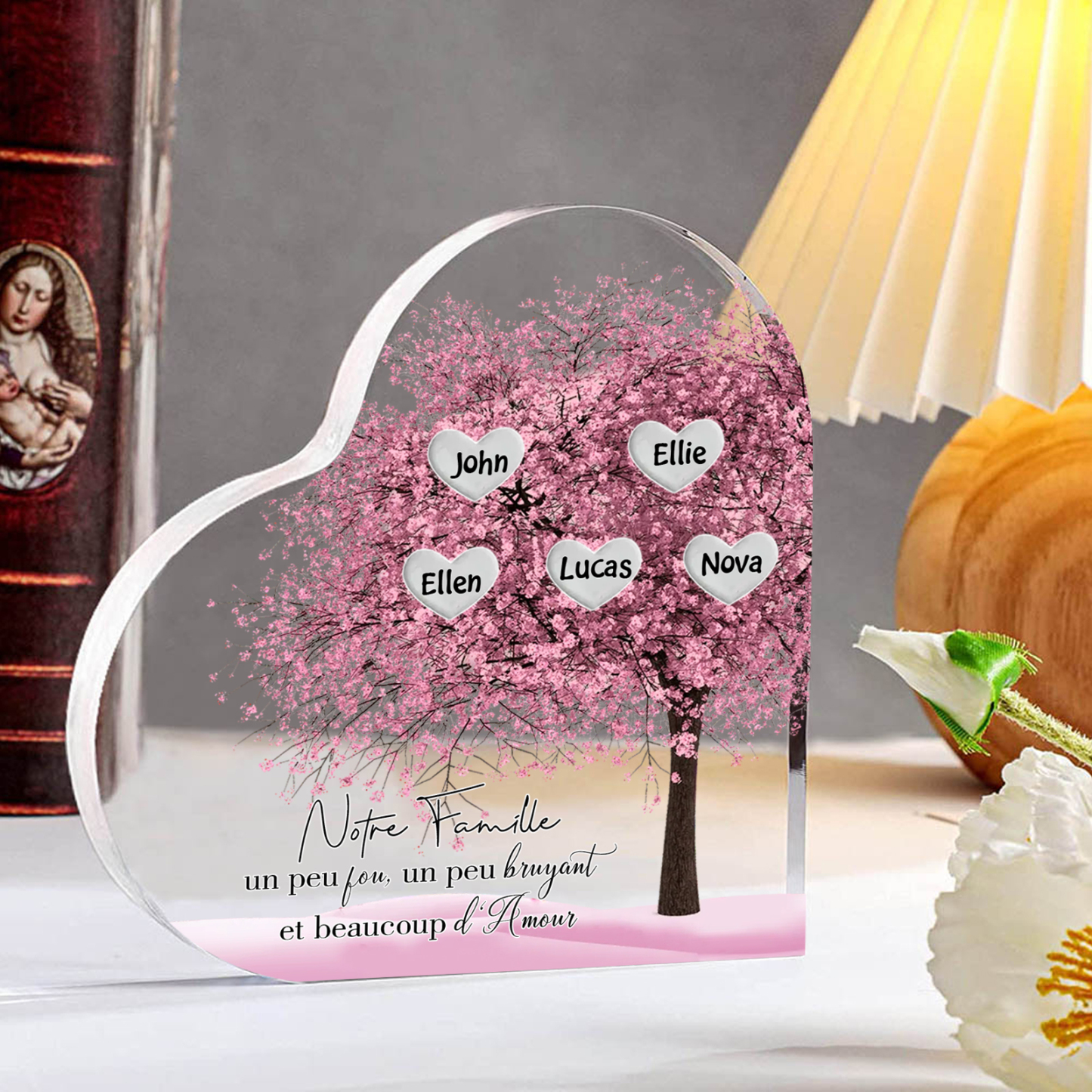 Plaque Acrylique en Forme de Cœur arbre 5 Prénoms Personnalisés Cadeau famille rose | Jessemade