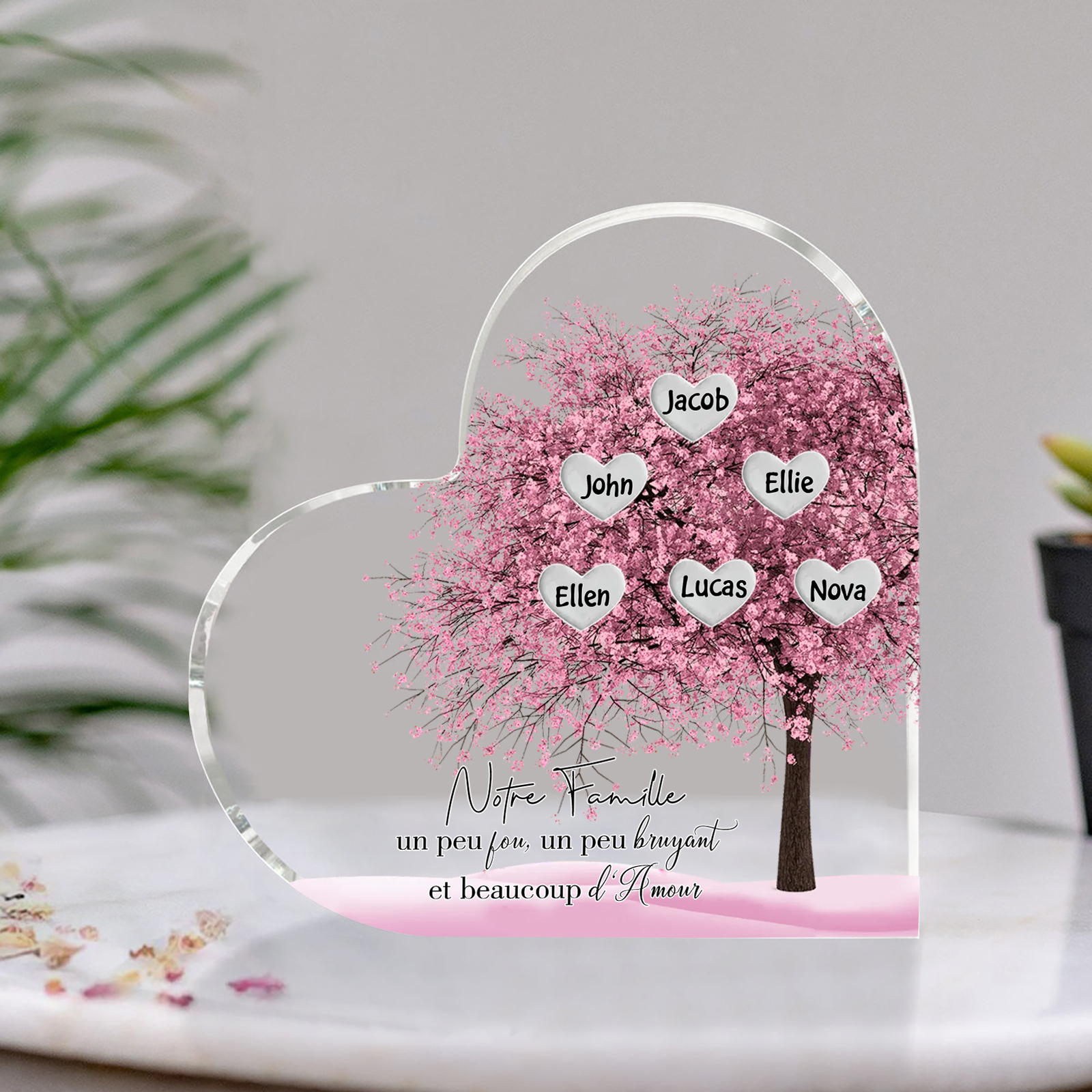Plaque Acrylique en Forme de Cœur arbre 6 Prénoms Personnalisés Cadeau famille rose | Jessemade
