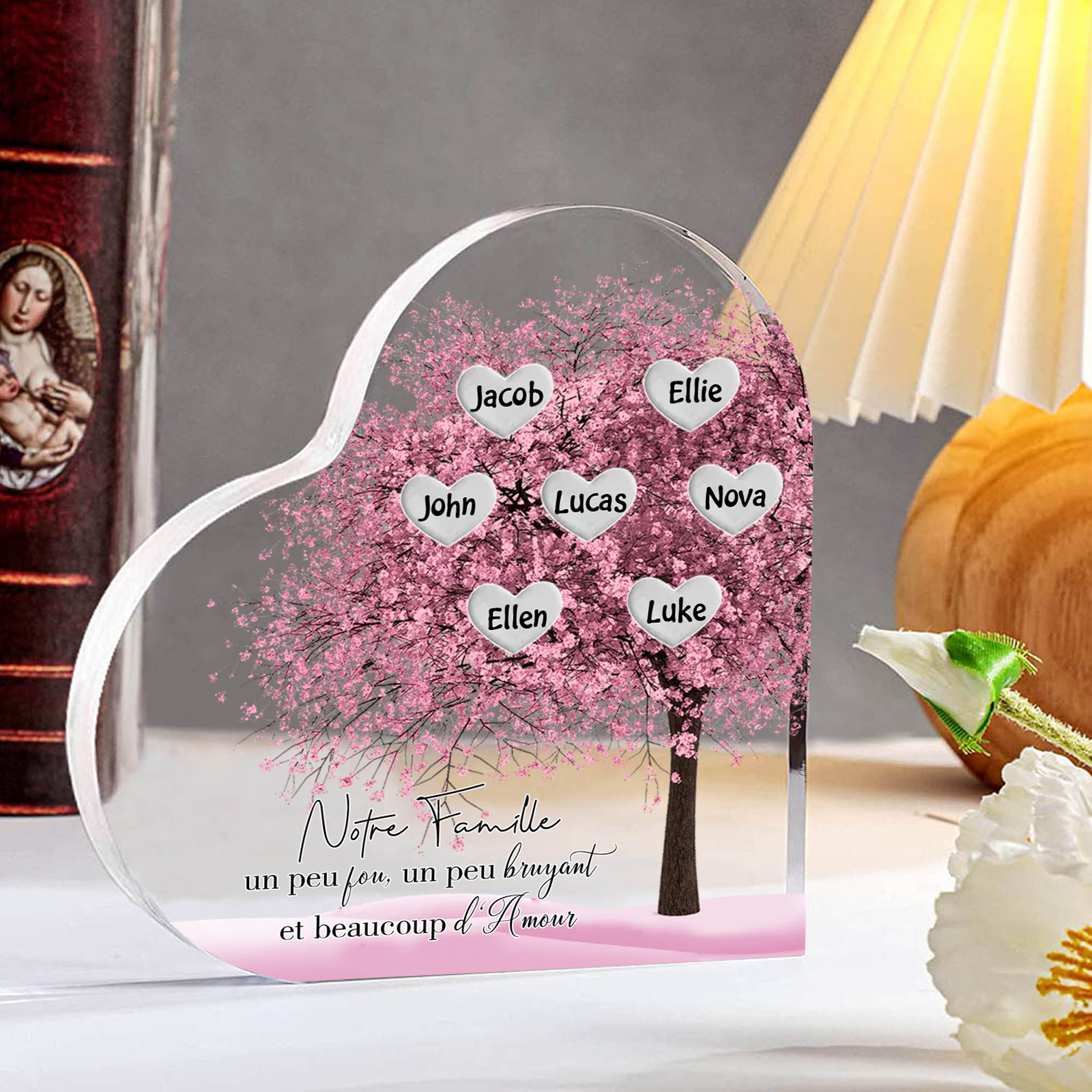 Plaque Acrylique en Forme de Cœur arbre 7 Prénoms Personnalisés Cadeau famille rose | Jessemade
