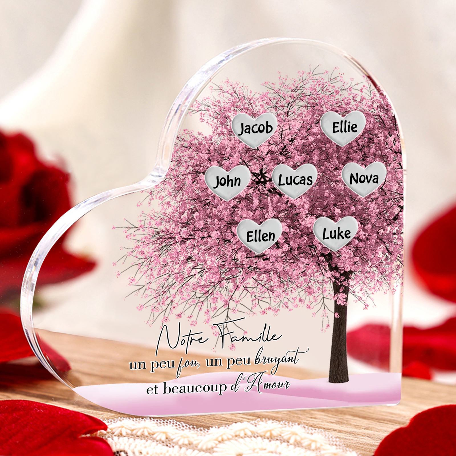 Plaque Acrylique en Forme de Cœur arbre 7 Prénoms Personnalisés Cadeau famille rose | Jessemade