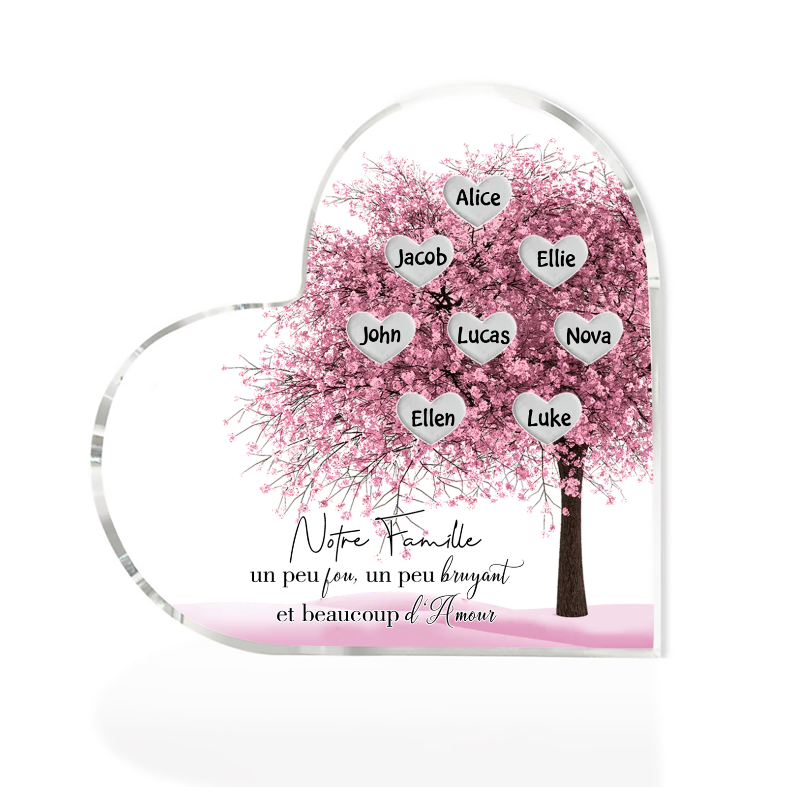 Plaque Acrylique en Forme de Cœur arbre 8 Prénoms Personnalisés Cadeau famille rose | Jessemade