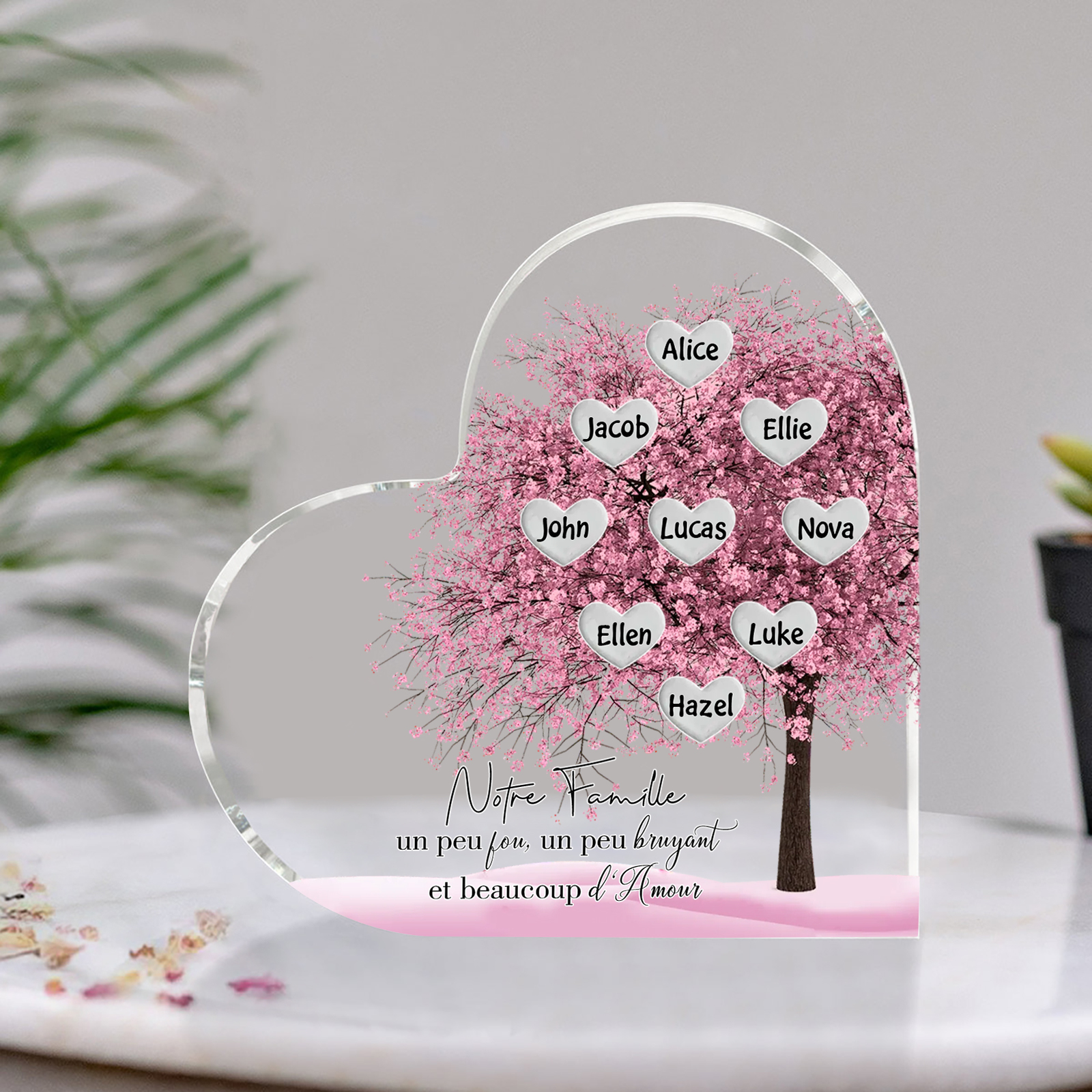 Plaque Acrylique en Forme de Cœur arbre 9 Prénoms Personnalisés Cadeau famille rose | Jessemade