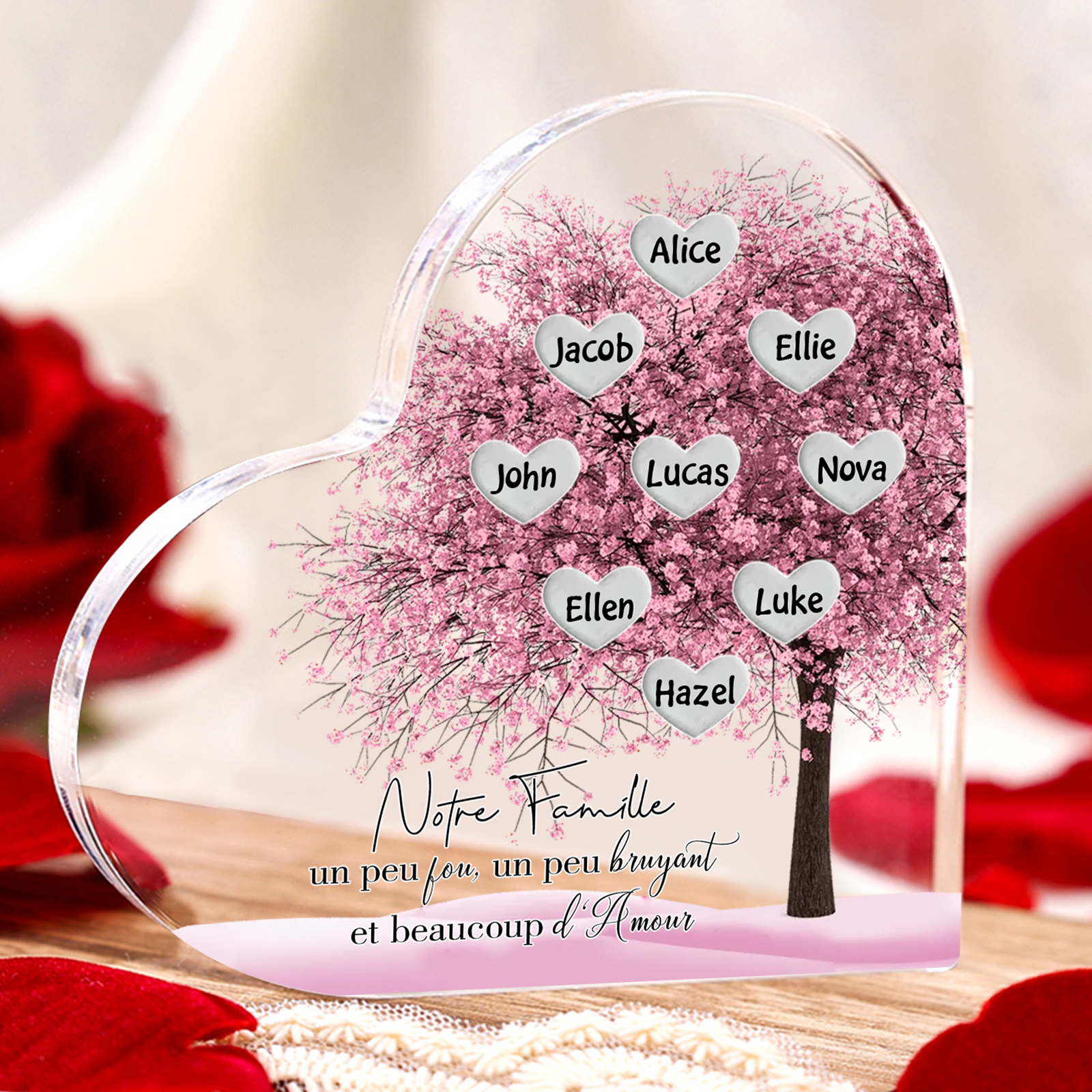 Plaque Acrylique en Forme de Cœur arbre 9 Prénoms Personnalisés Cadeau famille rose | Jessemade