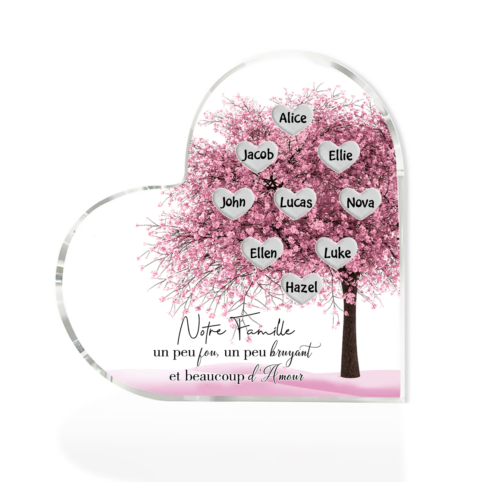 Plaque Acrylique en Forme de Cœur arbre 9 Prénoms Personnalisés Cadeau famille rose | Jessemade