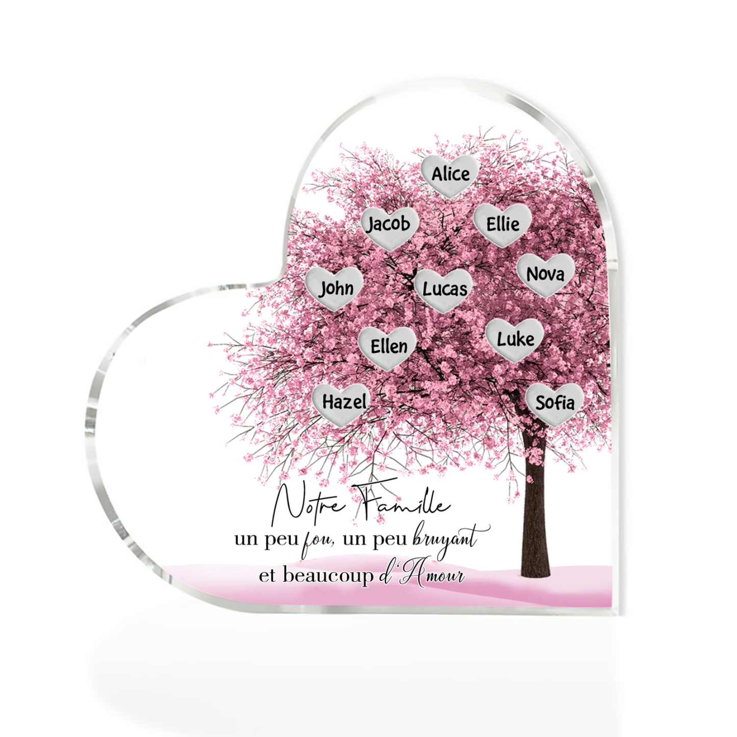 Plaque Acrylique en Forme de Cœur arbre 10 Prénoms Personnalisés Cadeau famille rose | Jessemade