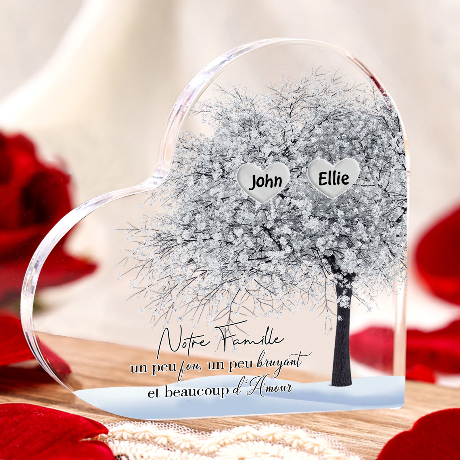 Plaque Acrylique en Forme de Cœur arbre 2 Prénoms Personnalisés Cadeau famille rose et blanc | Jessemade