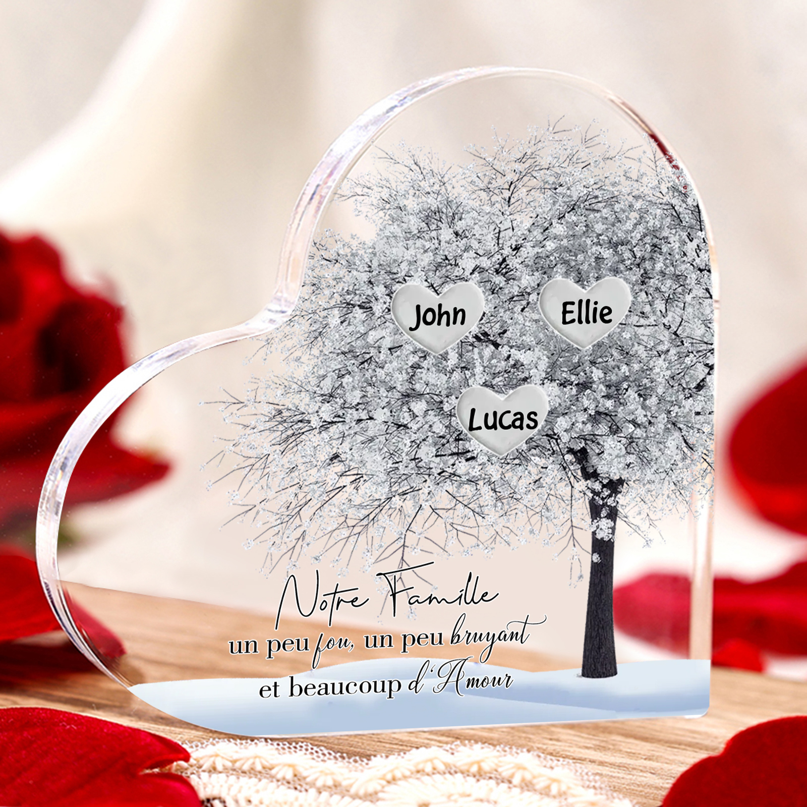Plaque Acrylique en Forme de Cœur arbre 3 Prénoms Personnalisés Cadeau famille rose et blanc | Jessemade