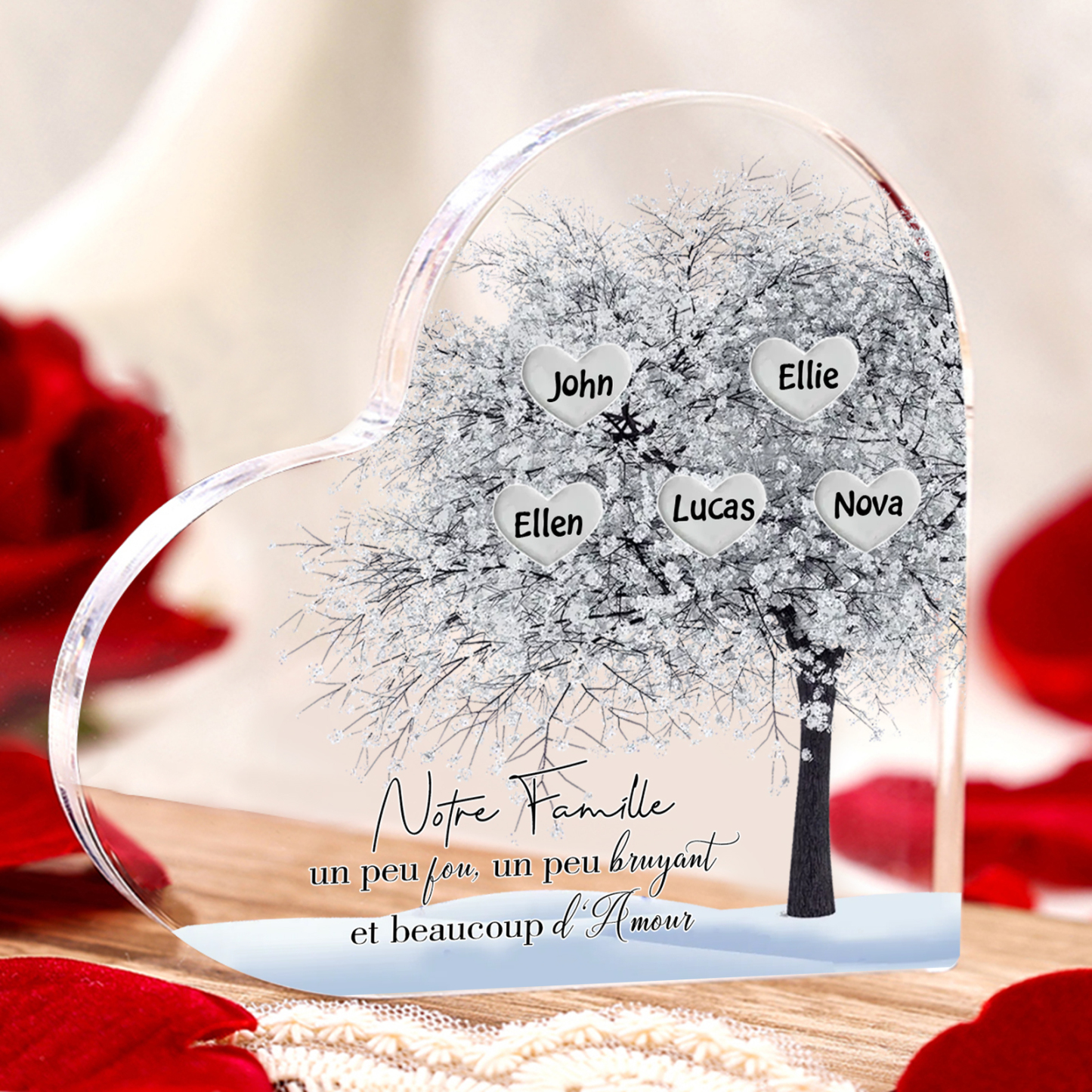 Plaque Acrylique en Forme de Cœur arbre 5 Prénoms Personnalisés Cadeau famille rose et blanc | Jessemade