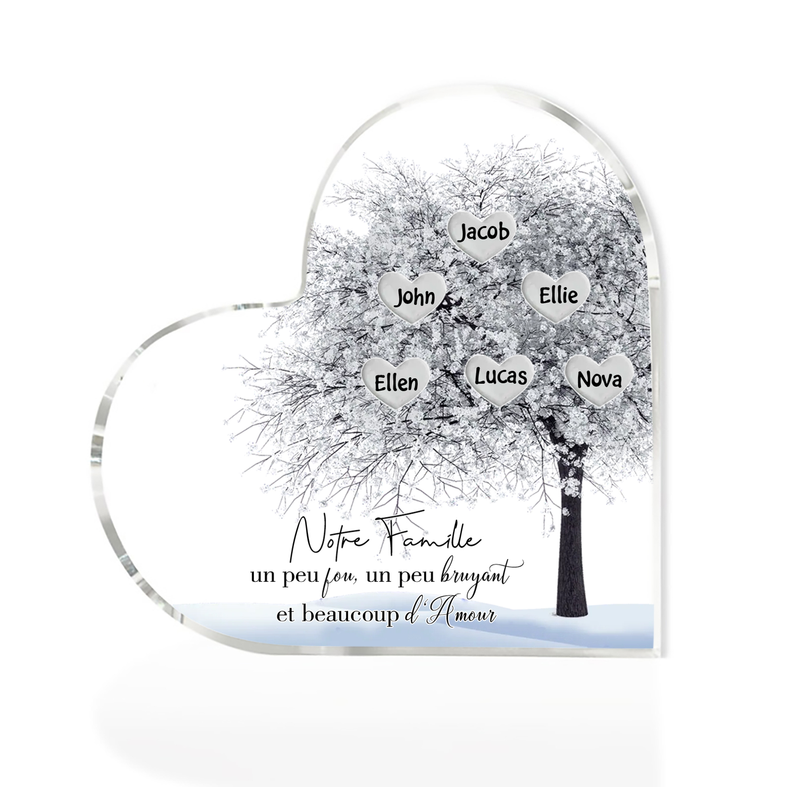Plaque Acrylique en Forme de Cœur arbre 6 Prénoms Personnalisés Cadeau famille rose et blanc | Jessemade