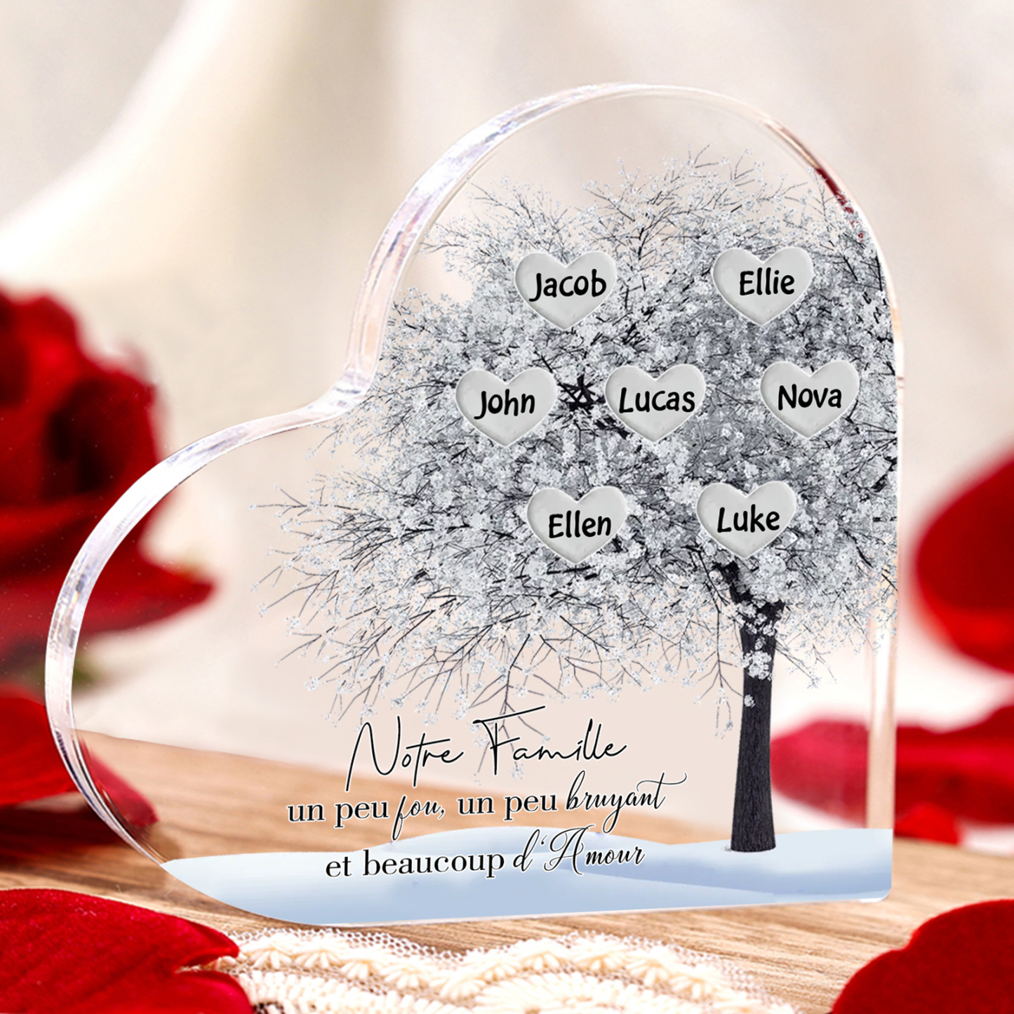 Plaque Acrylique en Forme de Cœur arbre 7 Prénoms Personnalisés Cadeau famille rose et blanc | Jessemade