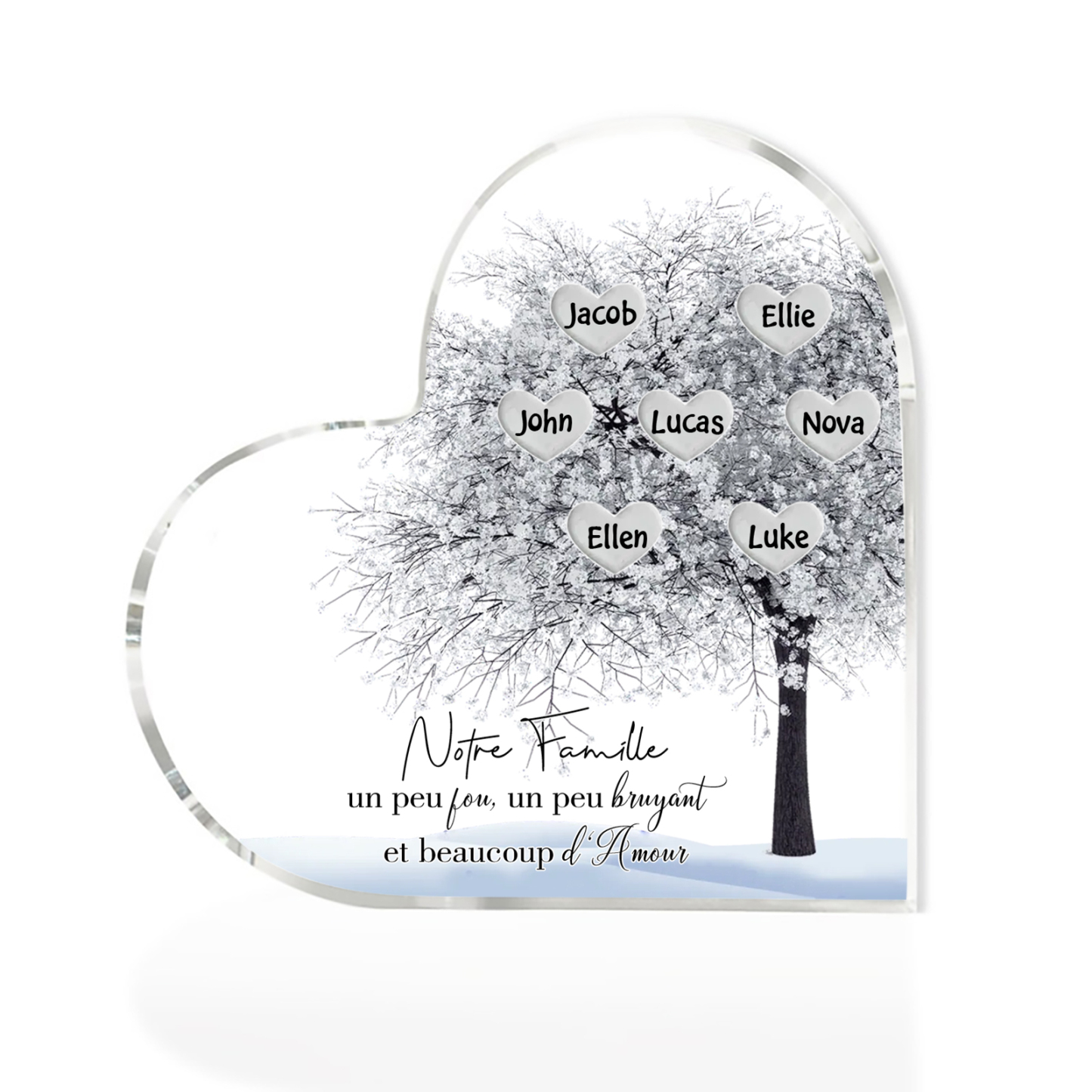 Plaque Acrylique en Forme de Cœur arbre 7 Prénoms Personnalisés Cadeau famille rose et blanc | Jessemade