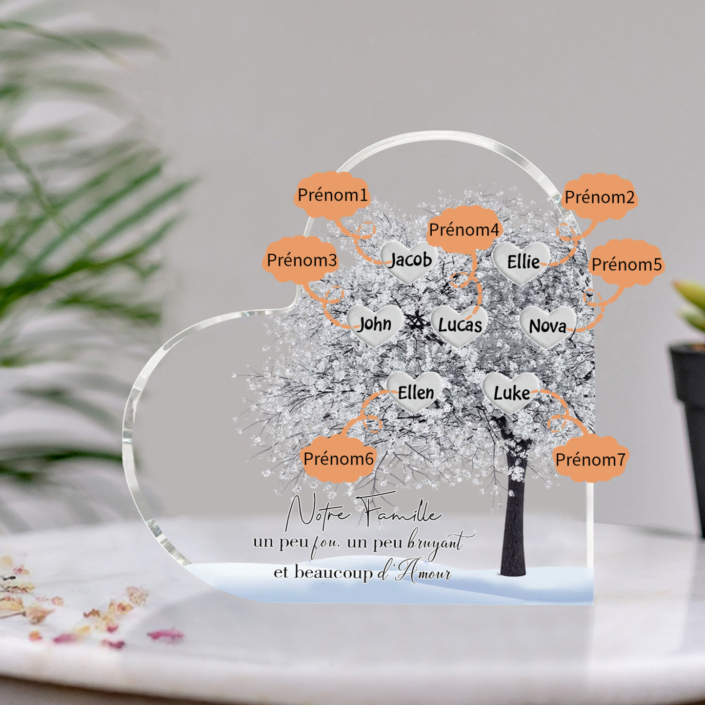 Plaque Acrylique en Forme de Cœur arbre 7 Prénoms Personnalisés Cadeau famille rose et blanc | Jessemade