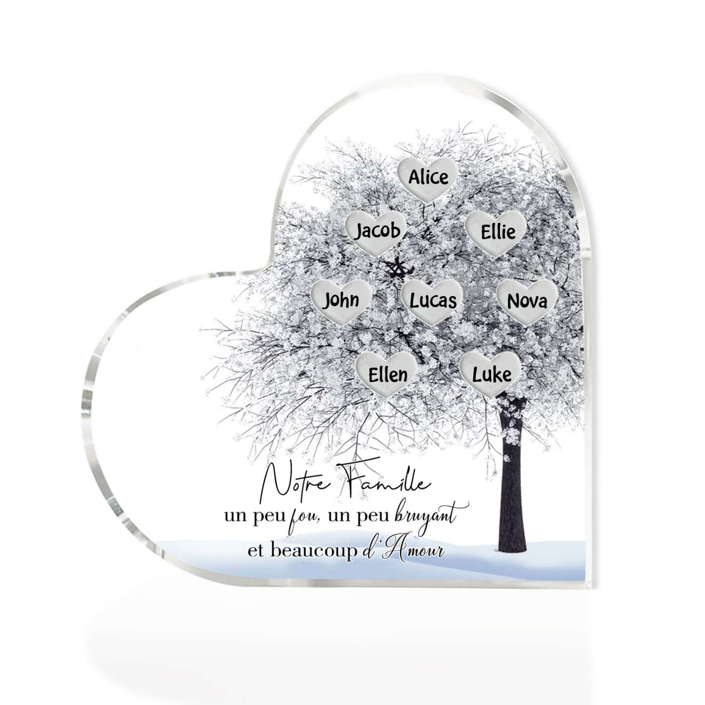 Plaque Acrylique en Forme de Cœur arbre 8 Prénoms Personnalisés Cadeau famille rose et blanc | Jessemade