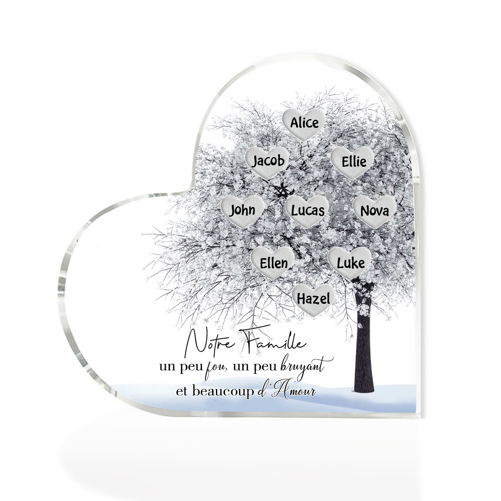 Plaque Acrylique en Forme de Cœur arbre 9 Prénoms Personnalisés Cadeau famille rose et blanc | Jessemade