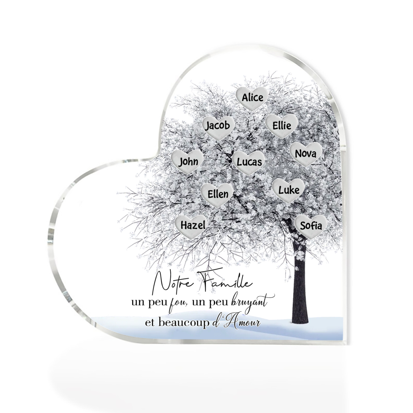 Plaque Acrylique en Forme de Cœur arbre 10 Prénoms Personnalisés Cadeau famille rose et blanc | Jessemade