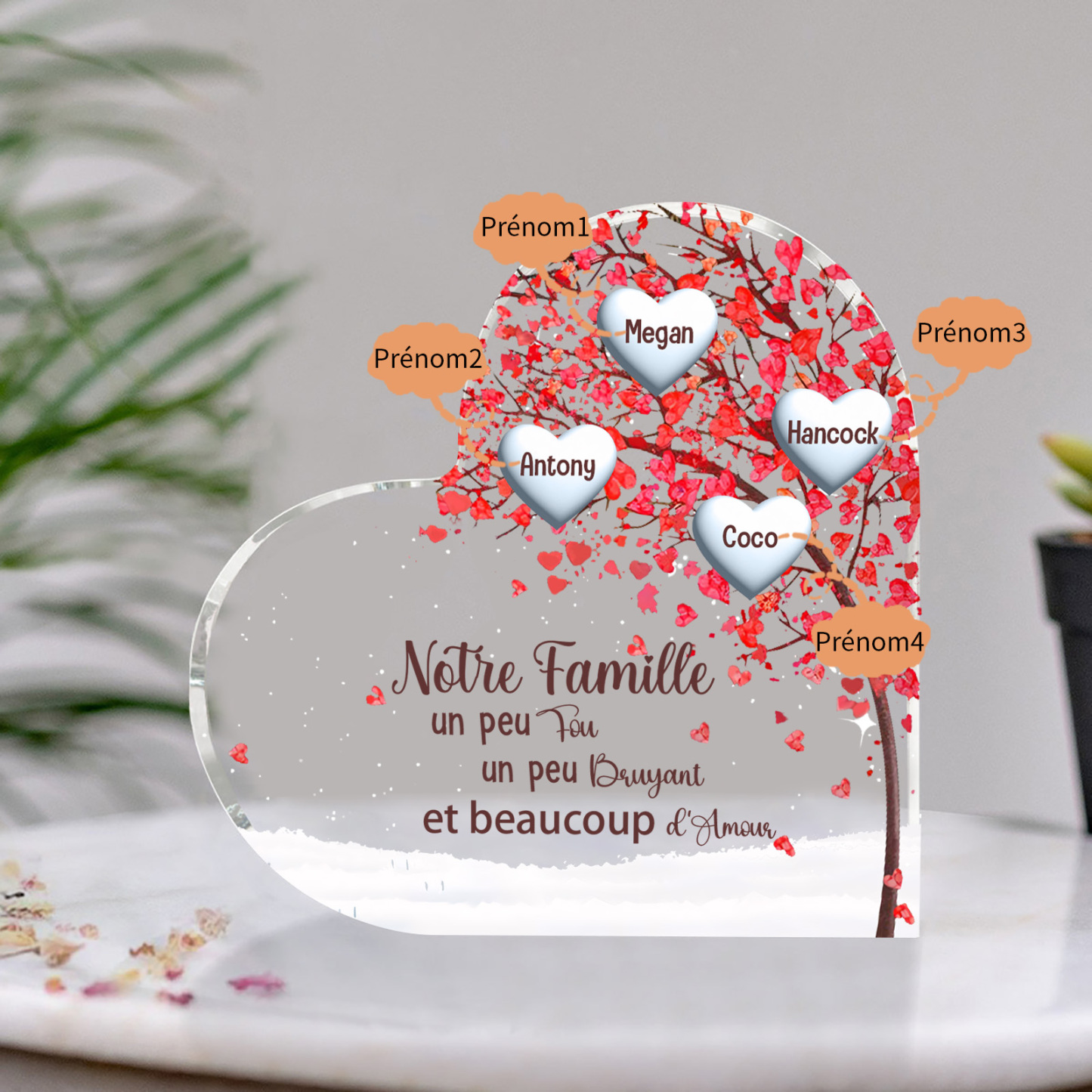 Plaque Acrylique en Forme de Cœur arbre 4 Prénoms Personnalisés Cadeau famille | Jessemade