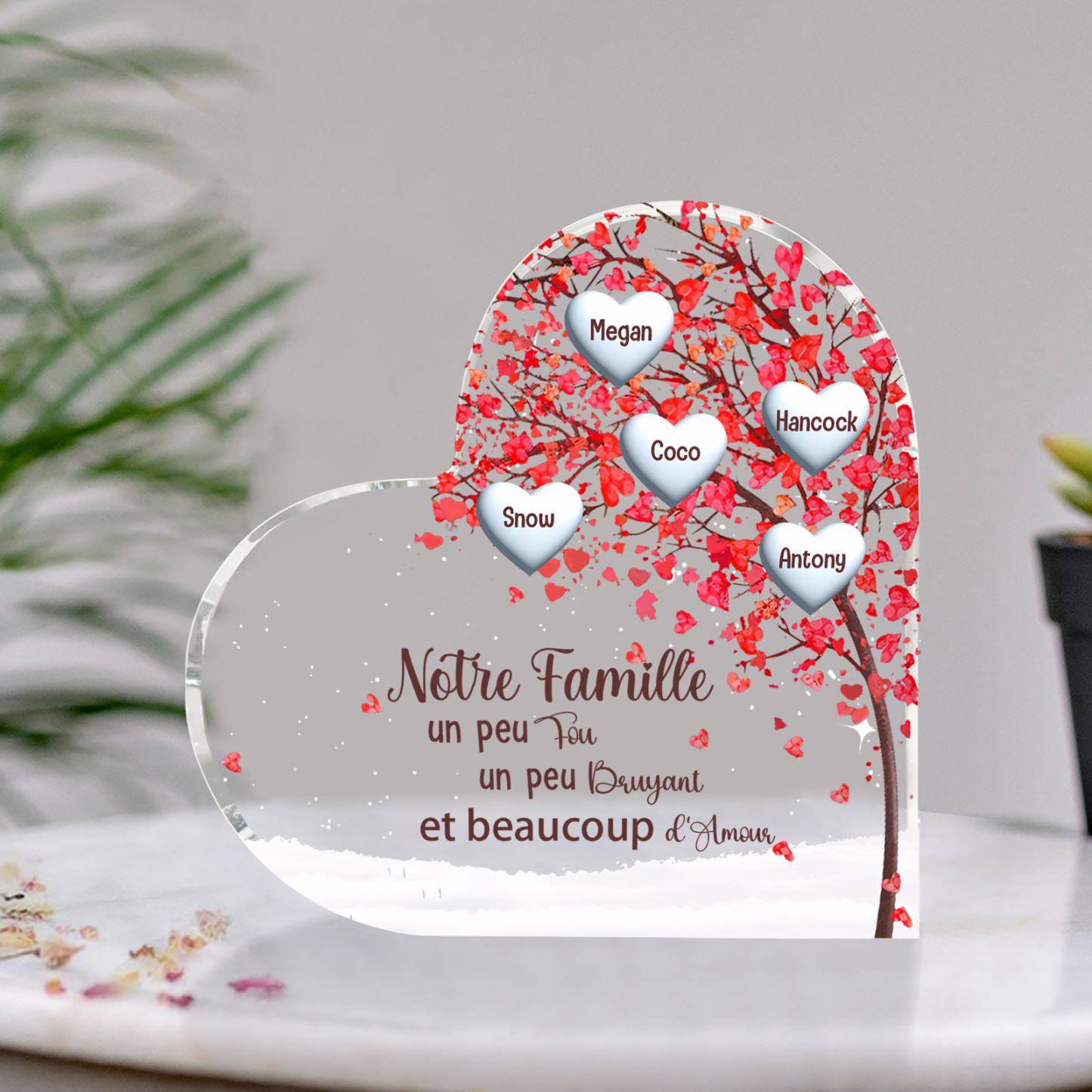Plaque Acrylique en Forme de Cœur arbre 5 Prénoms Personnalisés Cadeau famille | Jessemade