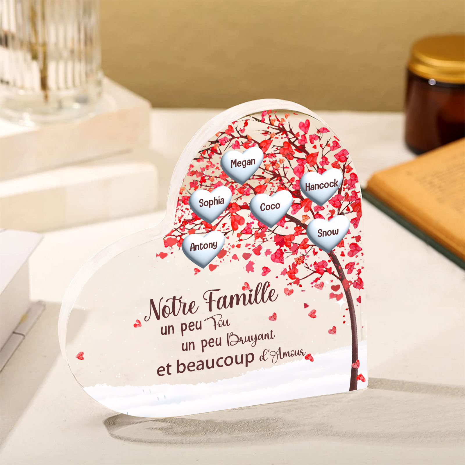 Plaque Acrylique en Forme de Cœur arbre 6 Prénoms Personnalisés Cadeau famille | Jessemade