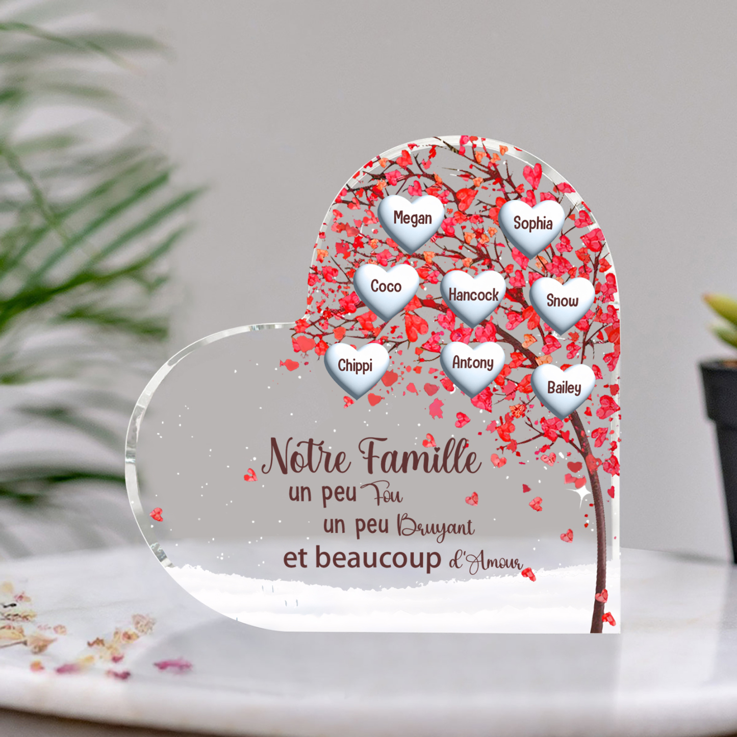 Plaque Acrylique en Forme de Cœur arbre 8 Prénoms Personnalisés Cadeau famille | Jessemade