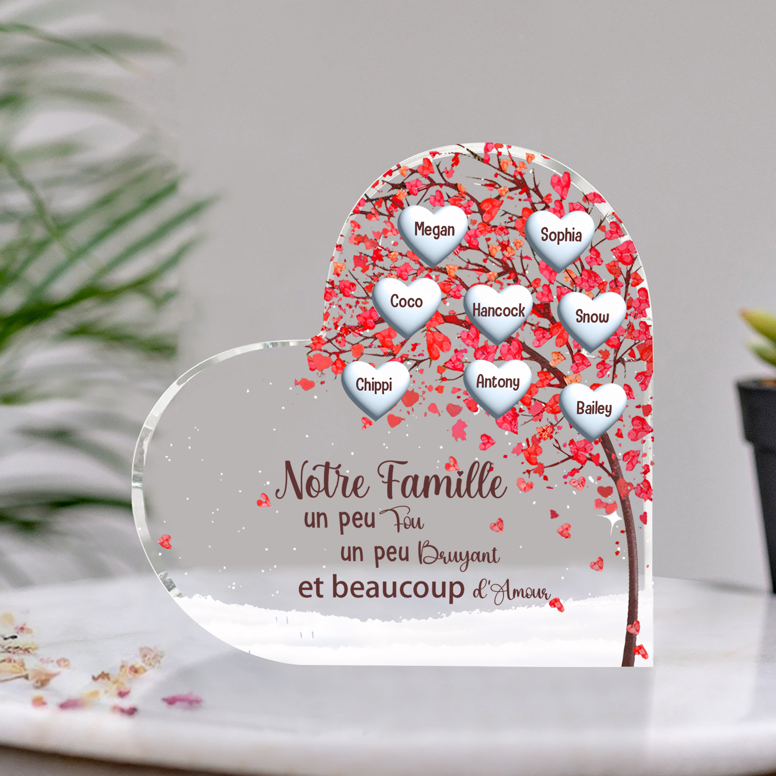 Plaque Acrylique en Forme de Cœur arbre 8 Prénoms Personnalisés Cadeau famille | Jessemade