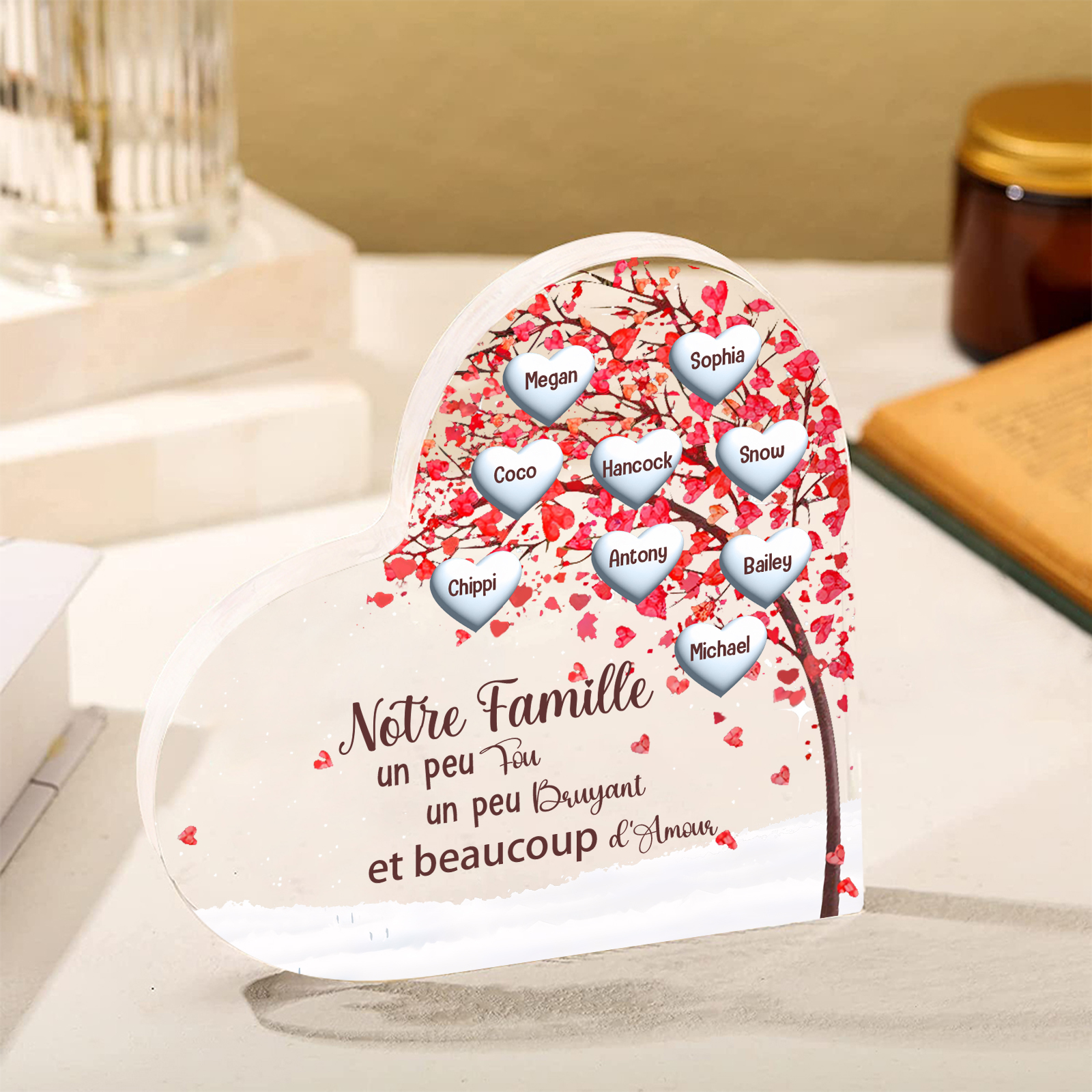 Plaque Acrylique en Forme de Cœur arbre 9 Prénoms Personnalisés Cadeau famille | Jessemade