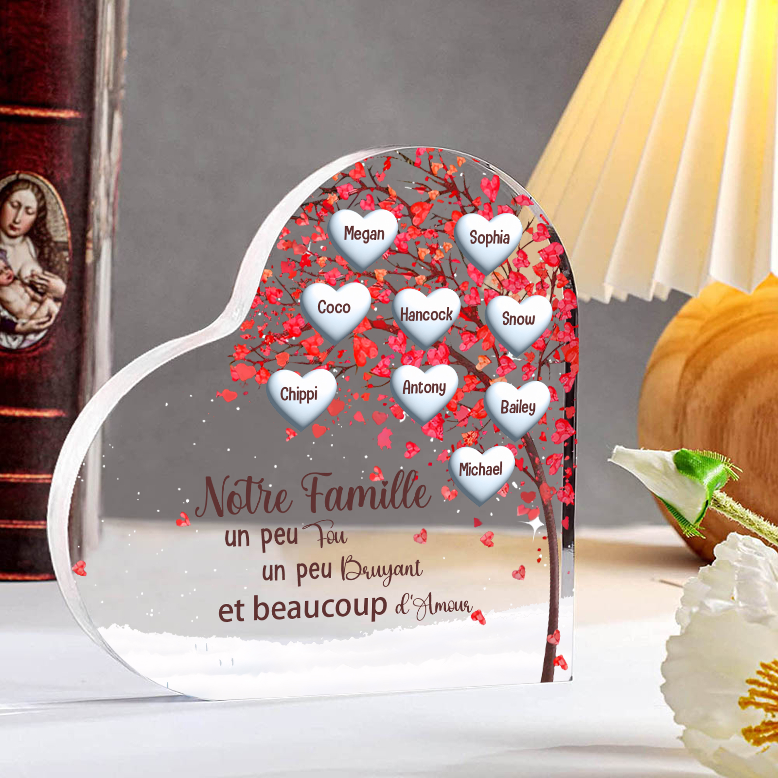 Plaque Acrylique en Forme de Cœur arbre 9 Prénoms Personnalisés Cadeau famille | Jessemade
