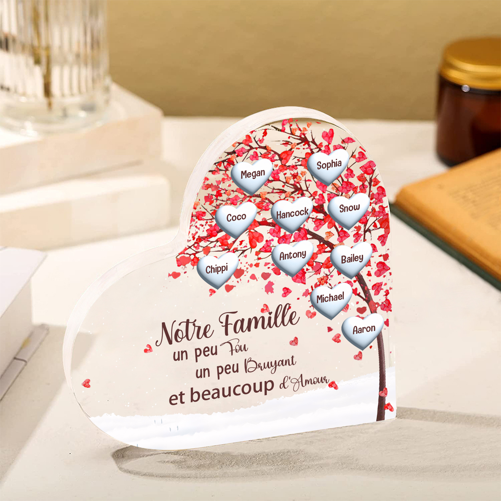 Plaque Acrylique en Forme de Cœur arbre 10 Prénoms Personnalisés Cadeau famille | Jessemade