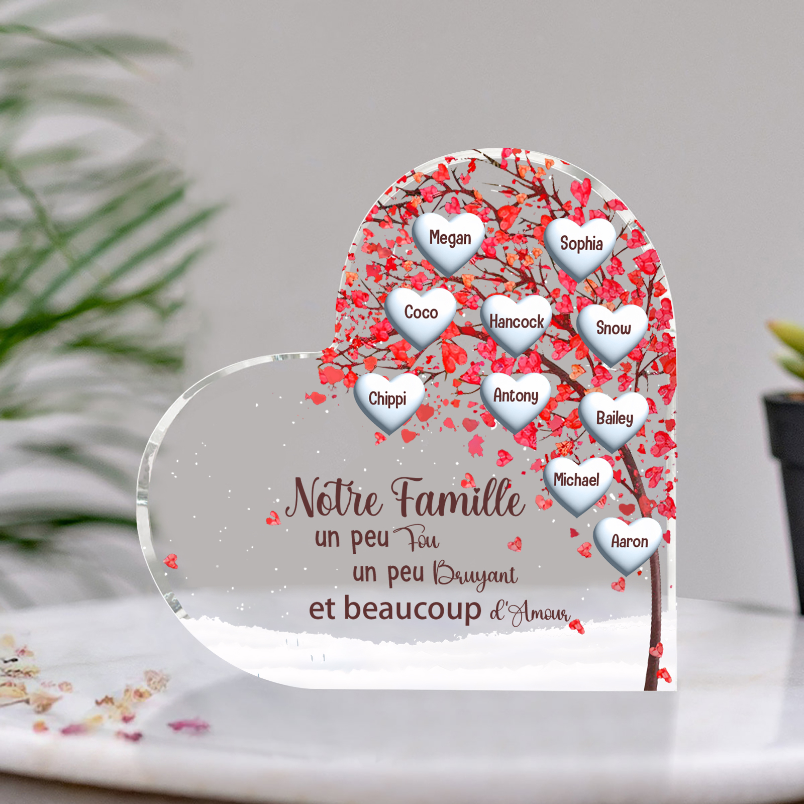 Plaque Acrylique en Forme de Cœur arbre 10 Prénoms Personnalisés Cadeau famille | Jessemade