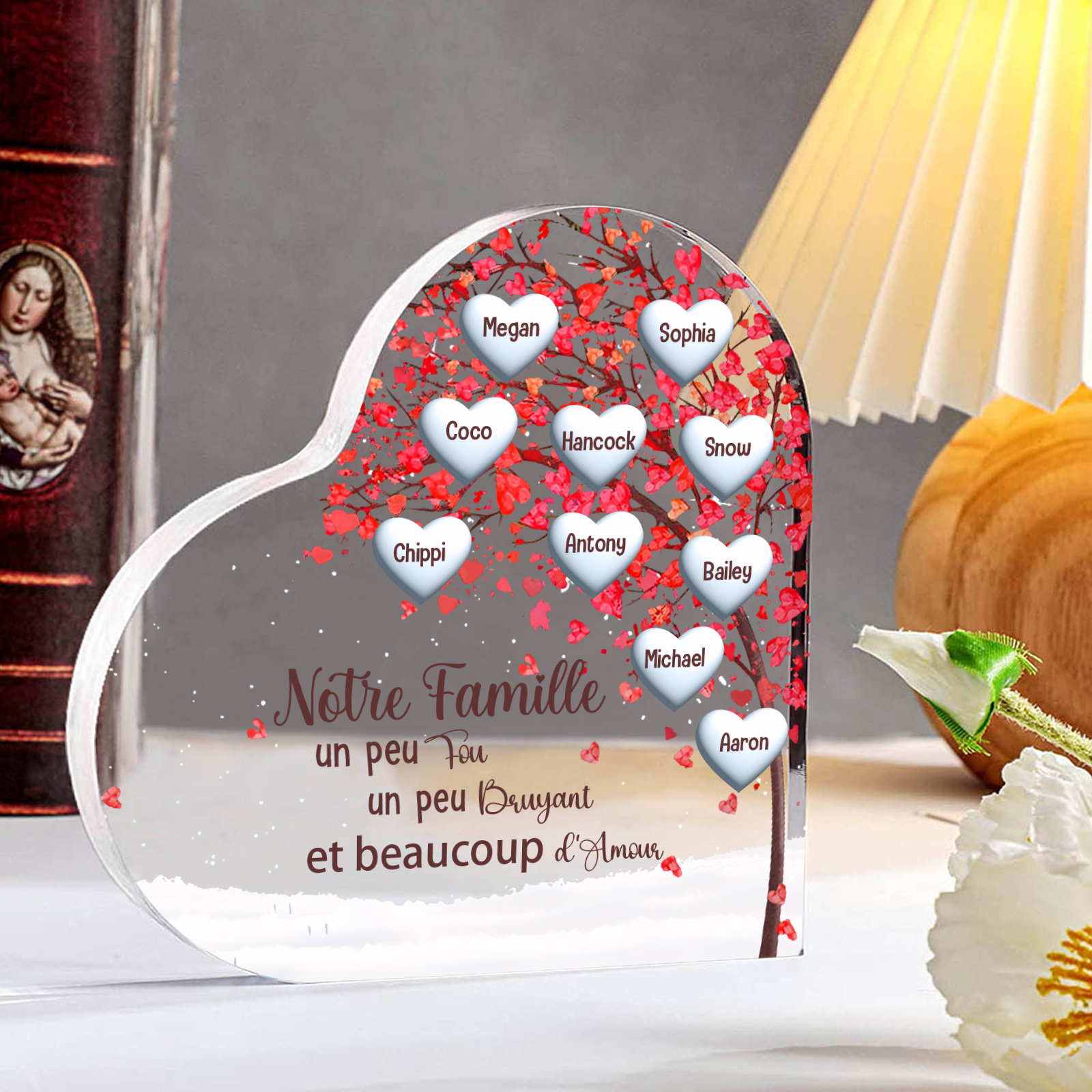 Plaque Acrylique en Forme de Cœur arbre 10 Prénoms Personnalisés Cadeau famille | Jessemade