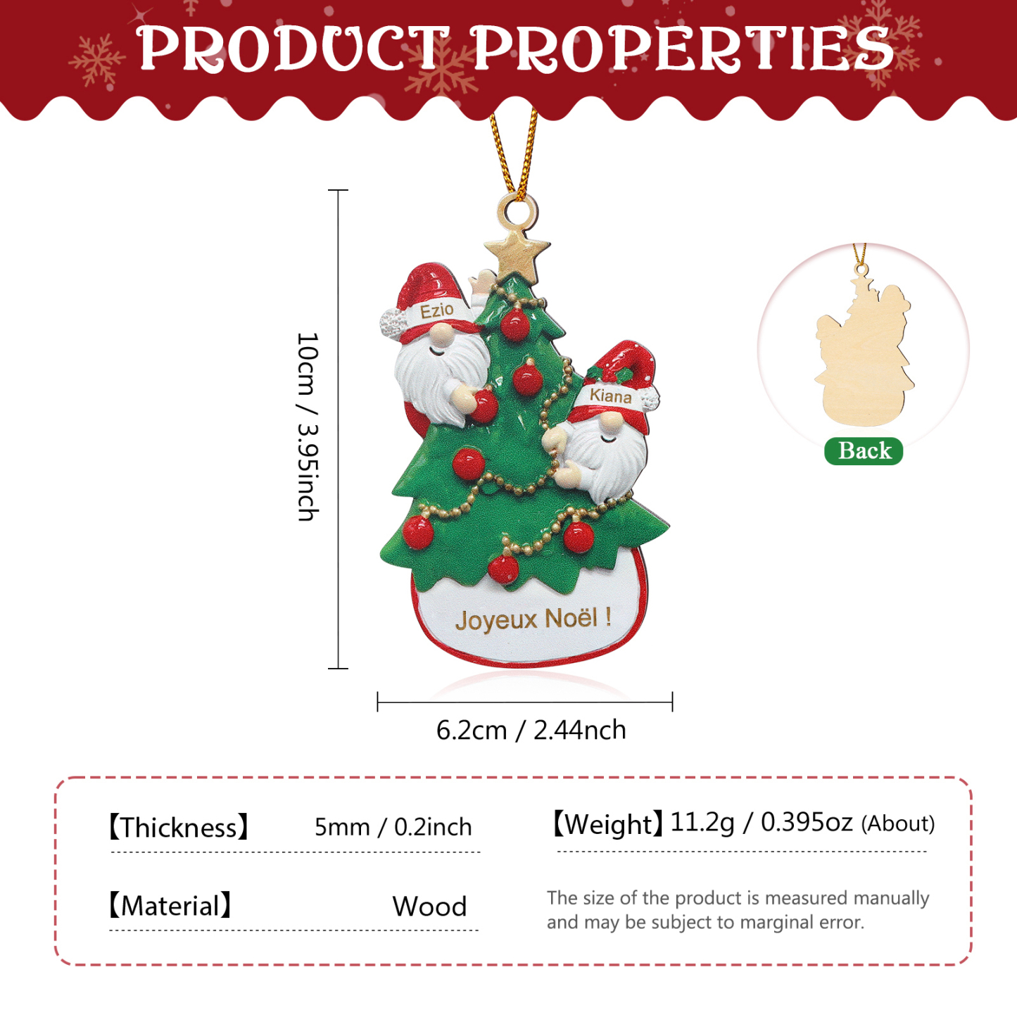 Décoration Sapin Noël en bois Gnomes et Sapin 2 Prénoms Personnalisés avec texte et date Ornement de Noël Cadeau pour famille | Jessemade