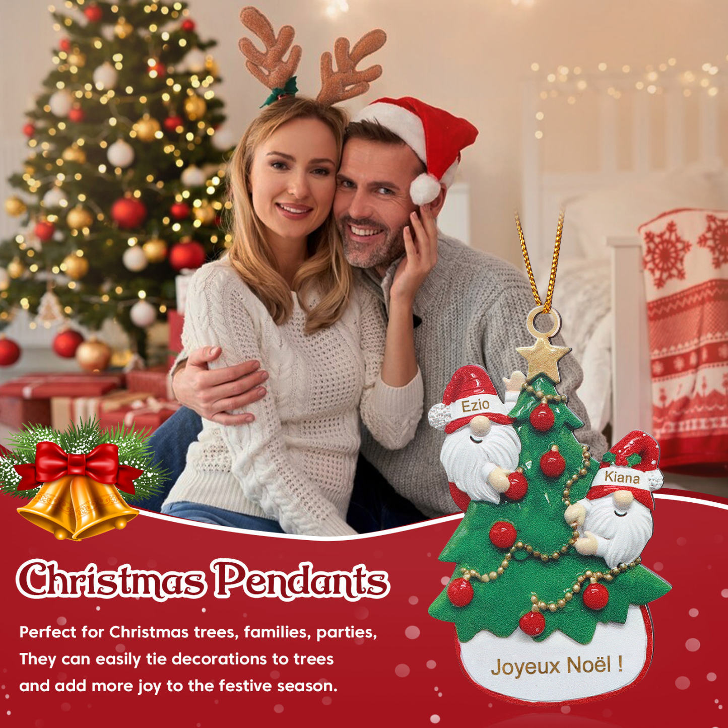 Décoration Sapin Noël en bois Gnomes et Sapin 2 Prénoms Personnalisés avec texte et date Ornement de Noël Cadeau pour famille | Jessemade