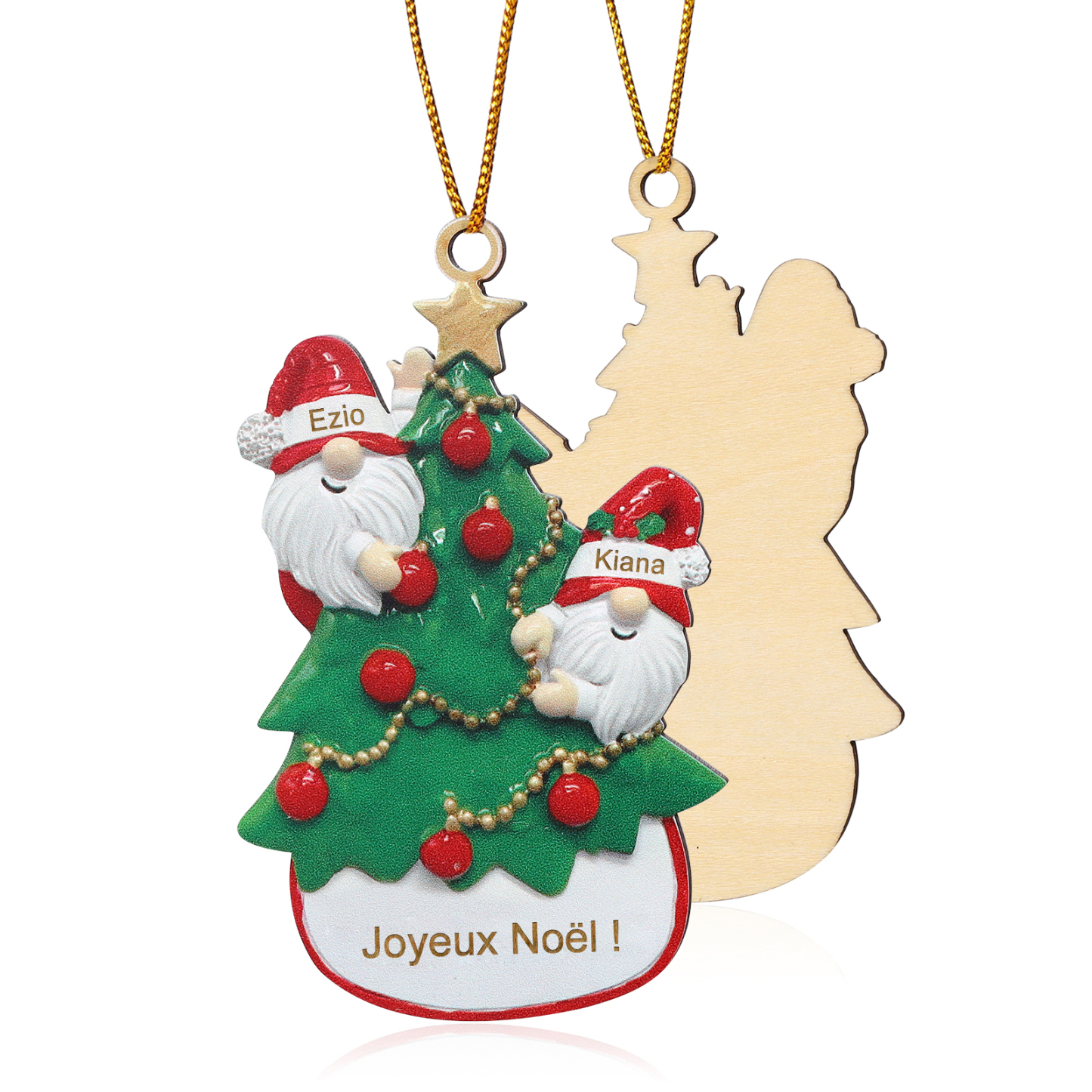 Décoration Sapin Noël en bois Gnomes et Sapin 2 Prénoms Personnalisés avec texte et date Ornement de Noël Cadeau pour famille | Jessemade