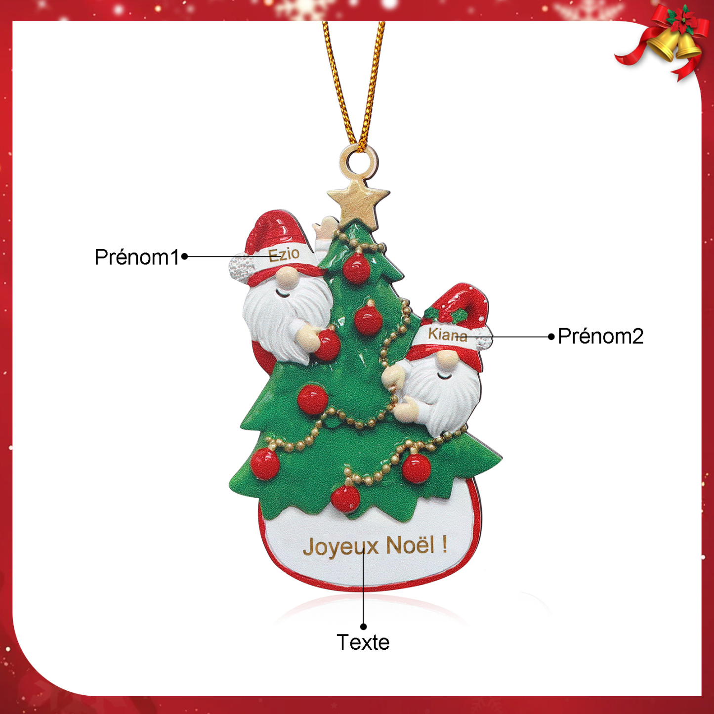 Décoration Sapin Noël en bois Gnomes et Sapin 2 Prénoms Personnalisés avec texte et date Ornement de Noël Cadeau pour famille | Jessemade