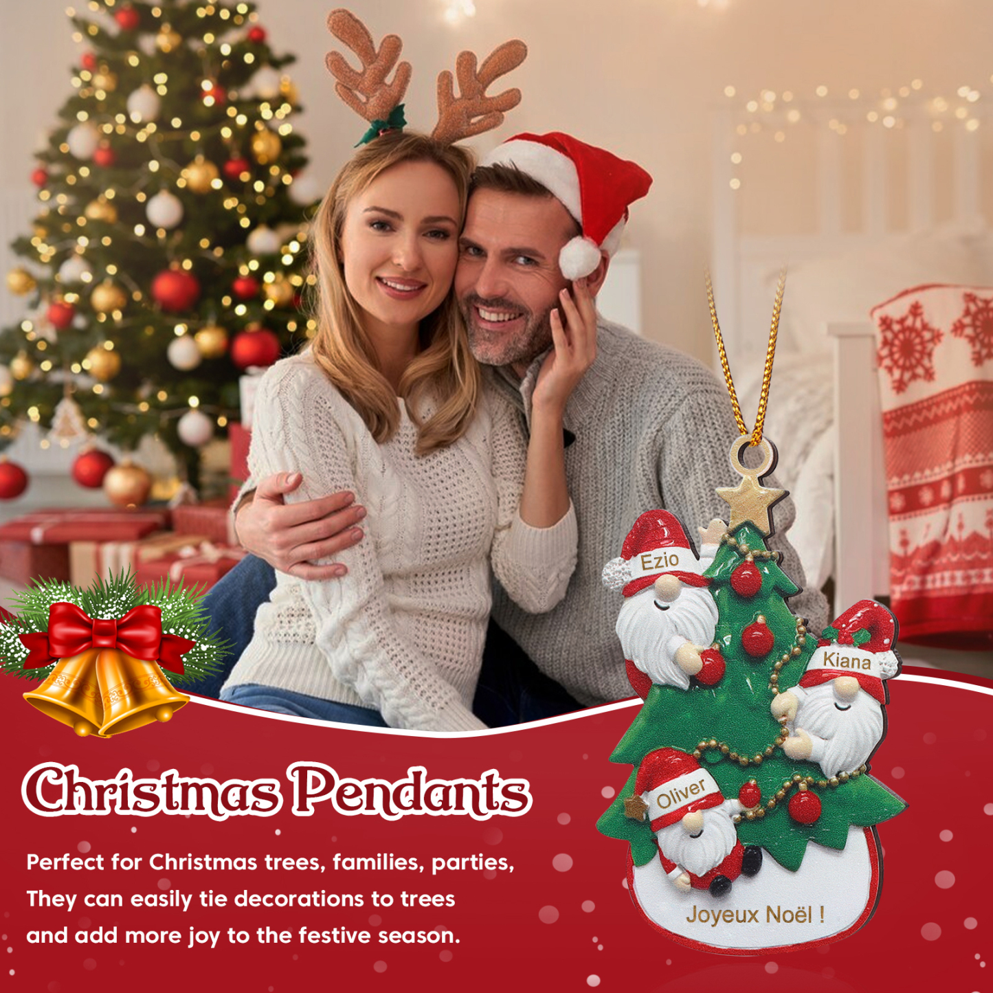 Décoration Sapin Noël en bois Gnomes et Sapin 3 Prénoms Personnalisés avec texte et date Ornement de Noël Cadeau pour famille | Jessemade