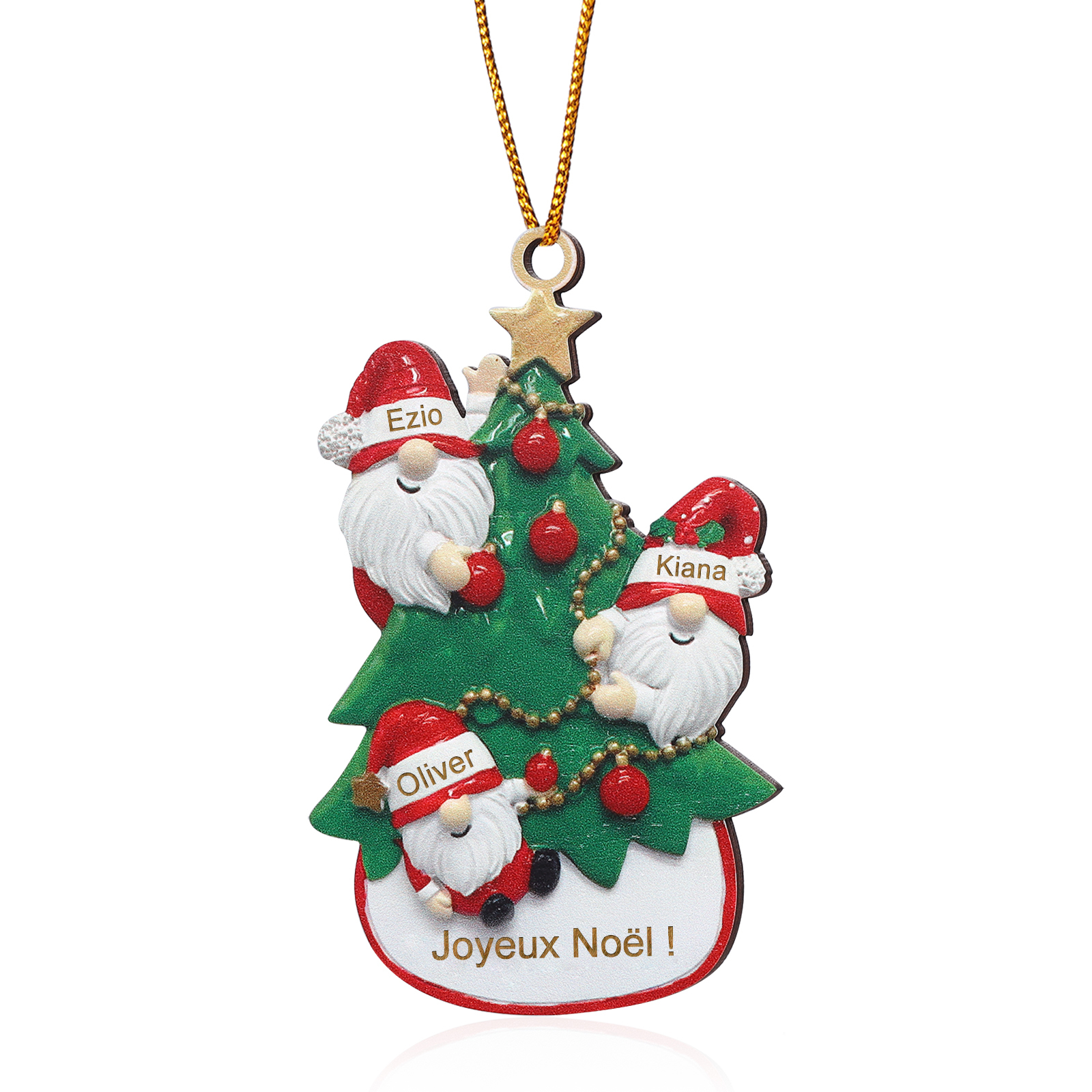 Décoration Sapin Noël en bois Gnomes et Sapin 3 Prénoms Personnalisés avec texte et date Ornement de Noël Cadeau pour famille | Jessemade