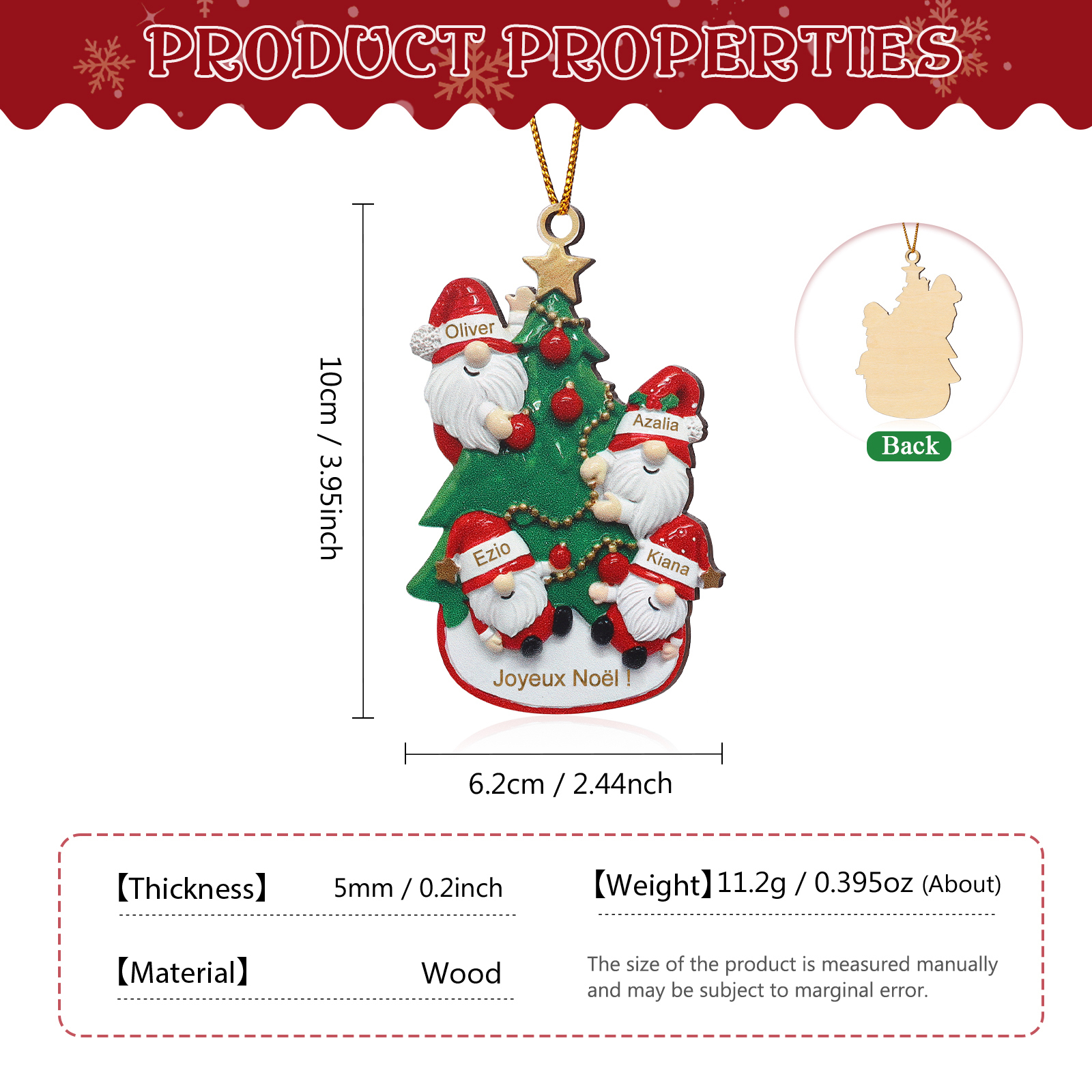 Décoration Sapin Noël en bois Gnomes et Sapin 4 Prénoms Personnalisés avec texte et date Ornement de Noël Cadeau pour famille | Jessemade
