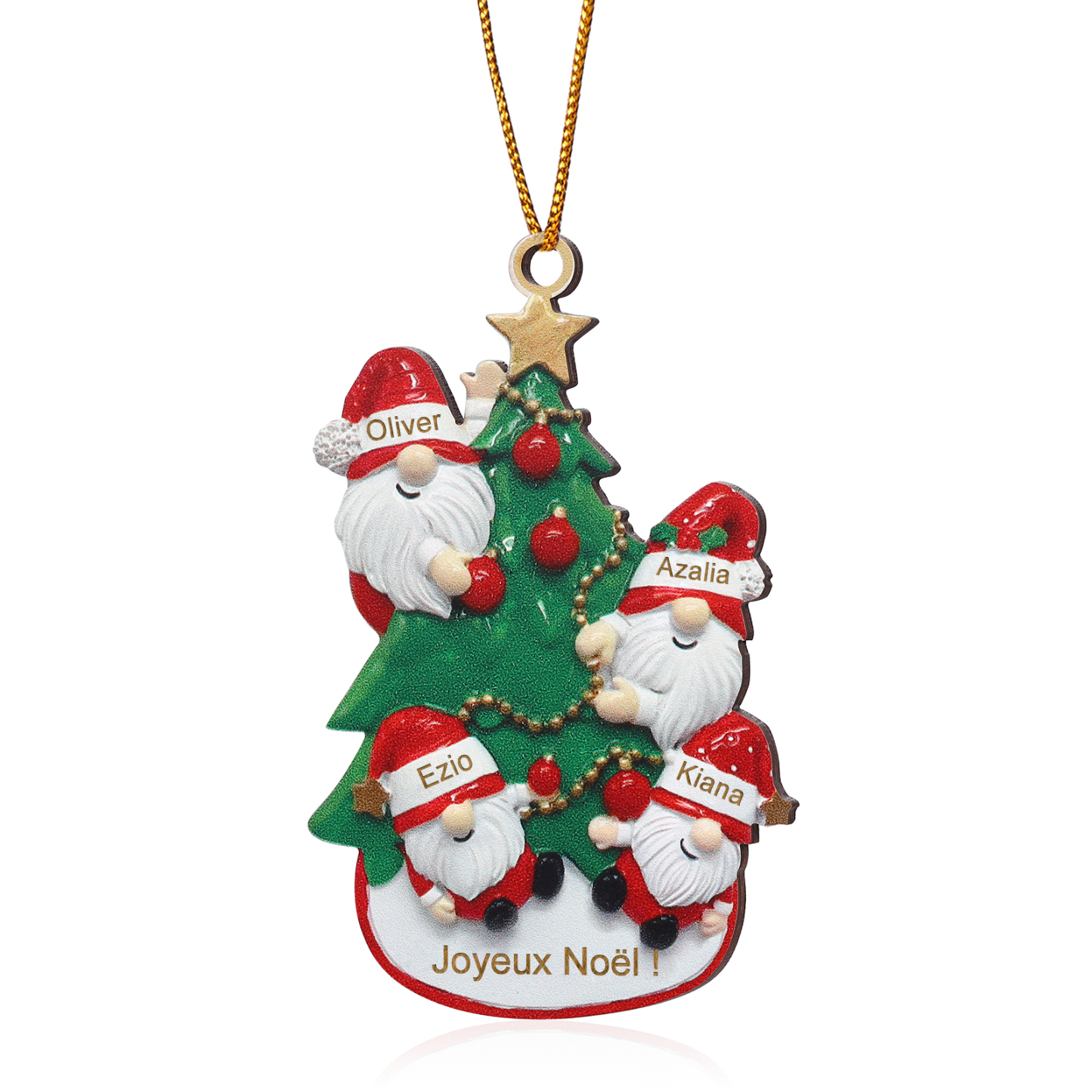 Décoration Sapin Noël en bois Gnomes et Sapin 4 Prénoms Personnalisés avec texte et date Ornement de Noël Cadeau pour famille | Jessemade