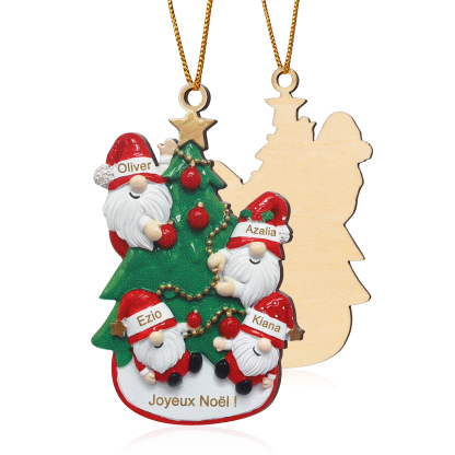 Décoration Sapin Noël en bois Gnomes et Sapin 4 Prénoms Personnalisés avec texte et date Ornement de Noël Cadeau pour famille | Jessemade