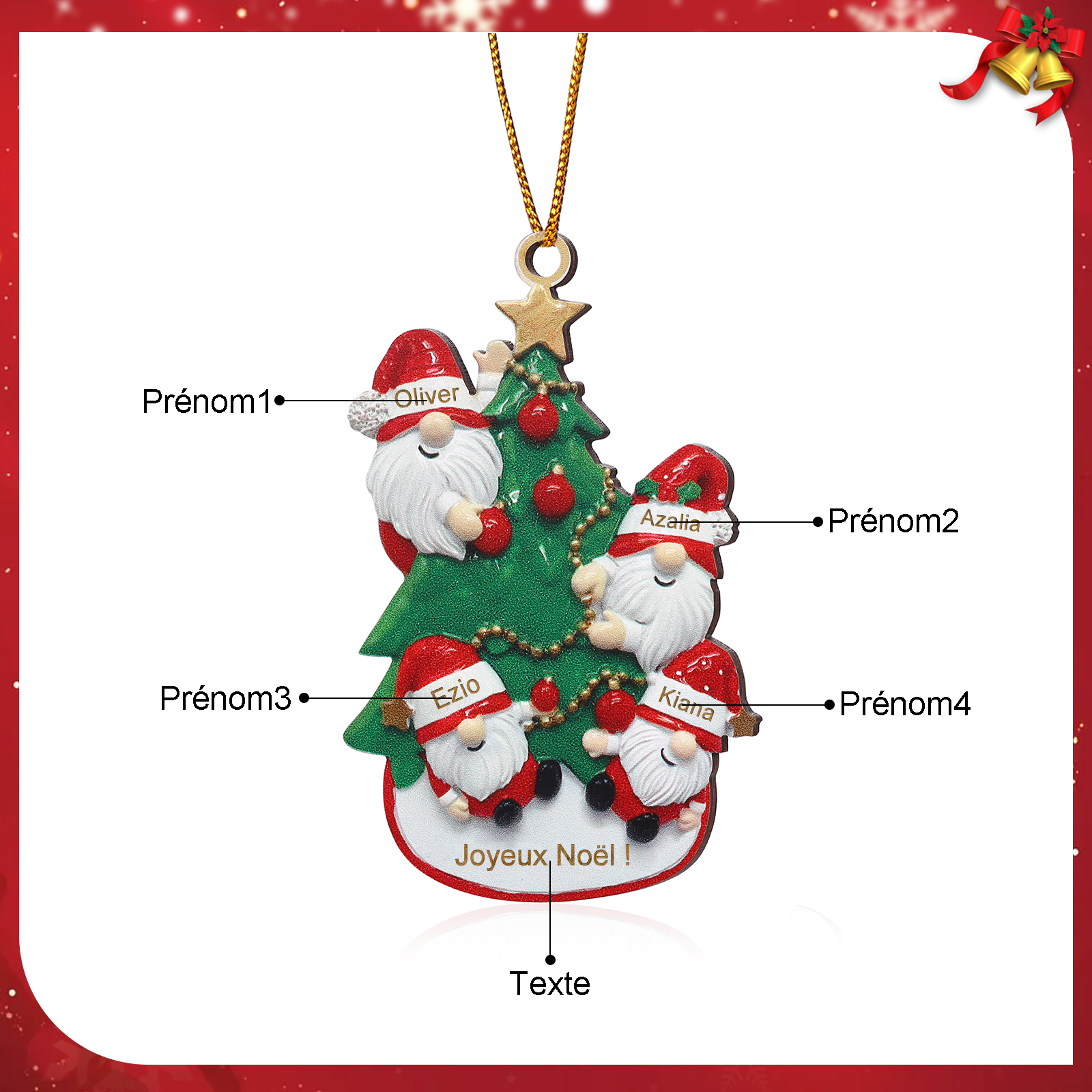 Décoration Sapin Noël en bois Gnomes et Sapin 4 Prénoms Personnalisés avec texte et date Ornement de Noël Cadeau pour famille | Jessemade