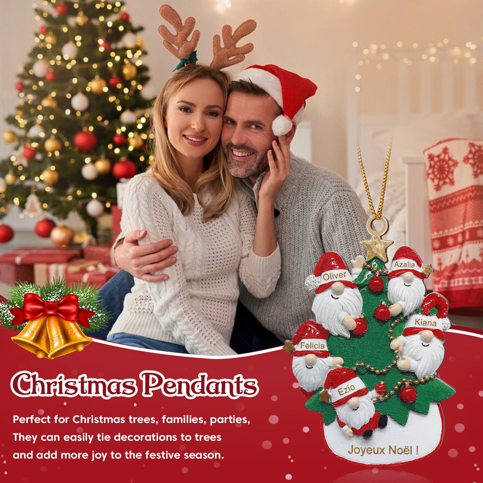 Décoration Sapin Noël en bois Gnomes et Sapin 5 Prénoms Personnalisés avec texte et date Ornement de Noël Cadeau pour famille | Jessemade
