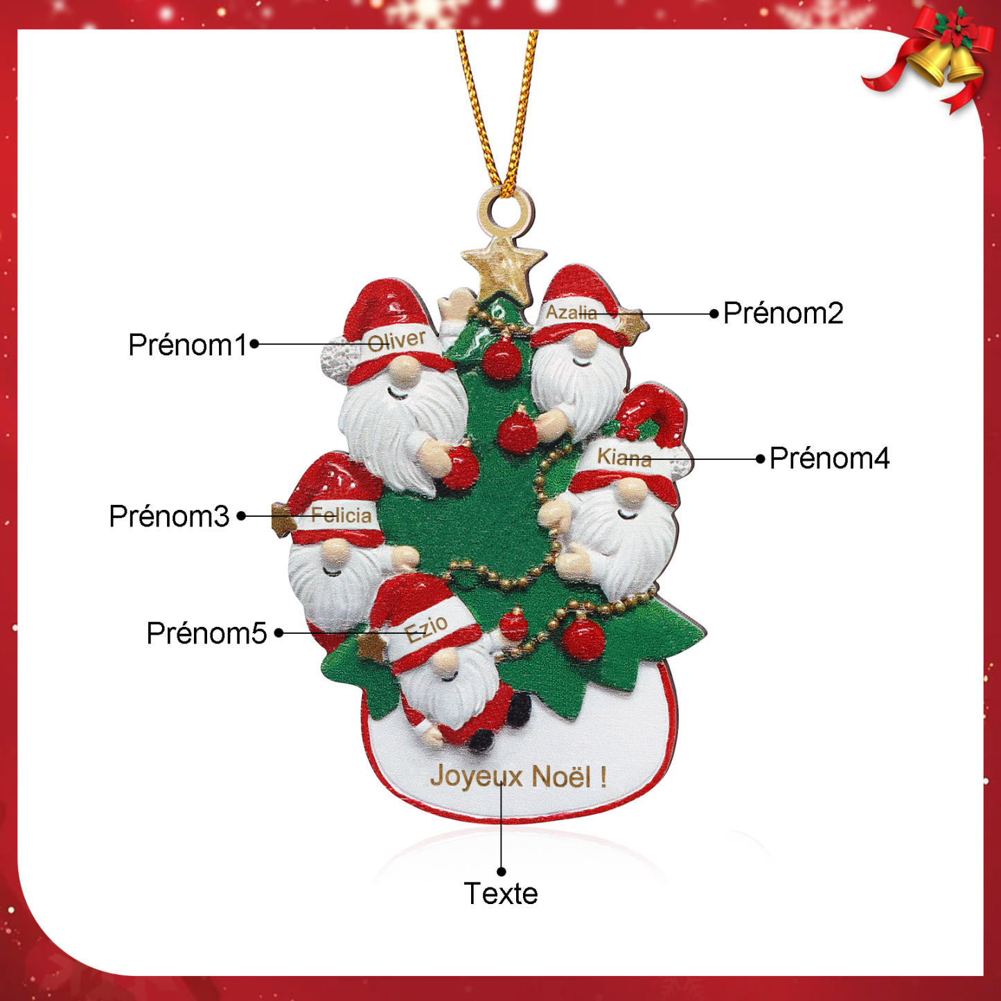 Décoration Sapin Noël en bois Gnomes et Sapin 5 Prénoms Personnalisés avec texte et date Ornement de Noël Cadeau pour famille | Jessemade