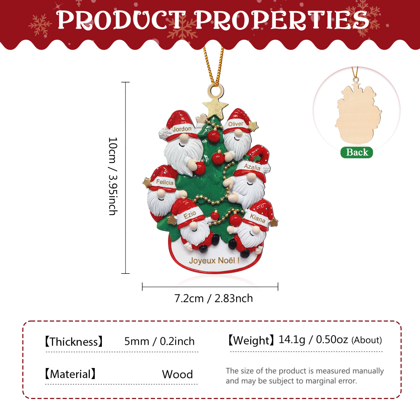 Décoration Sapin Noël en bois Gnomes et Sapin 6 Prénoms Personnalisés avec texte et date Ornement de Noël Cadeau pour famille | Jessemade