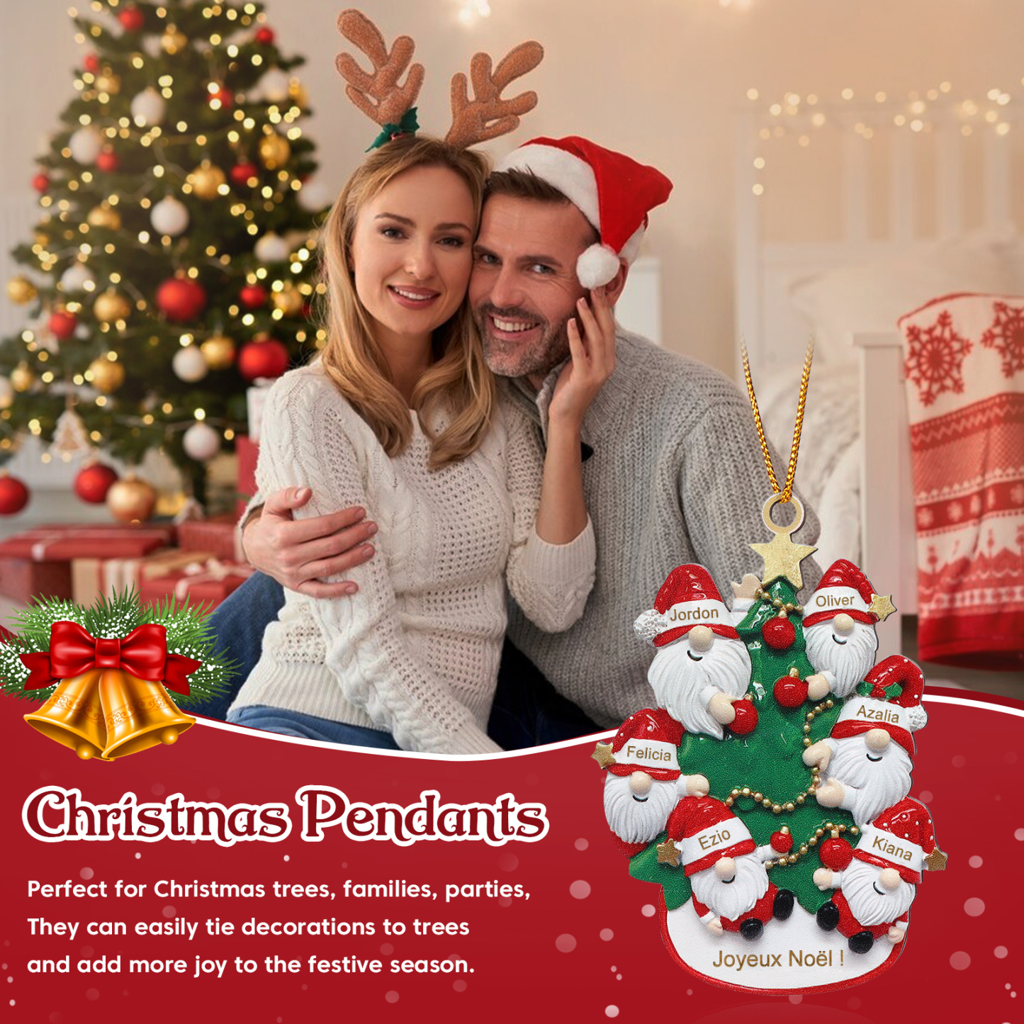 Décoration Sapin Noël en bois Gnomes et Sapin 6 Prénoms Personnalisés avec texte et date Ornement de Noël Cadeau pour famille | Jessemade